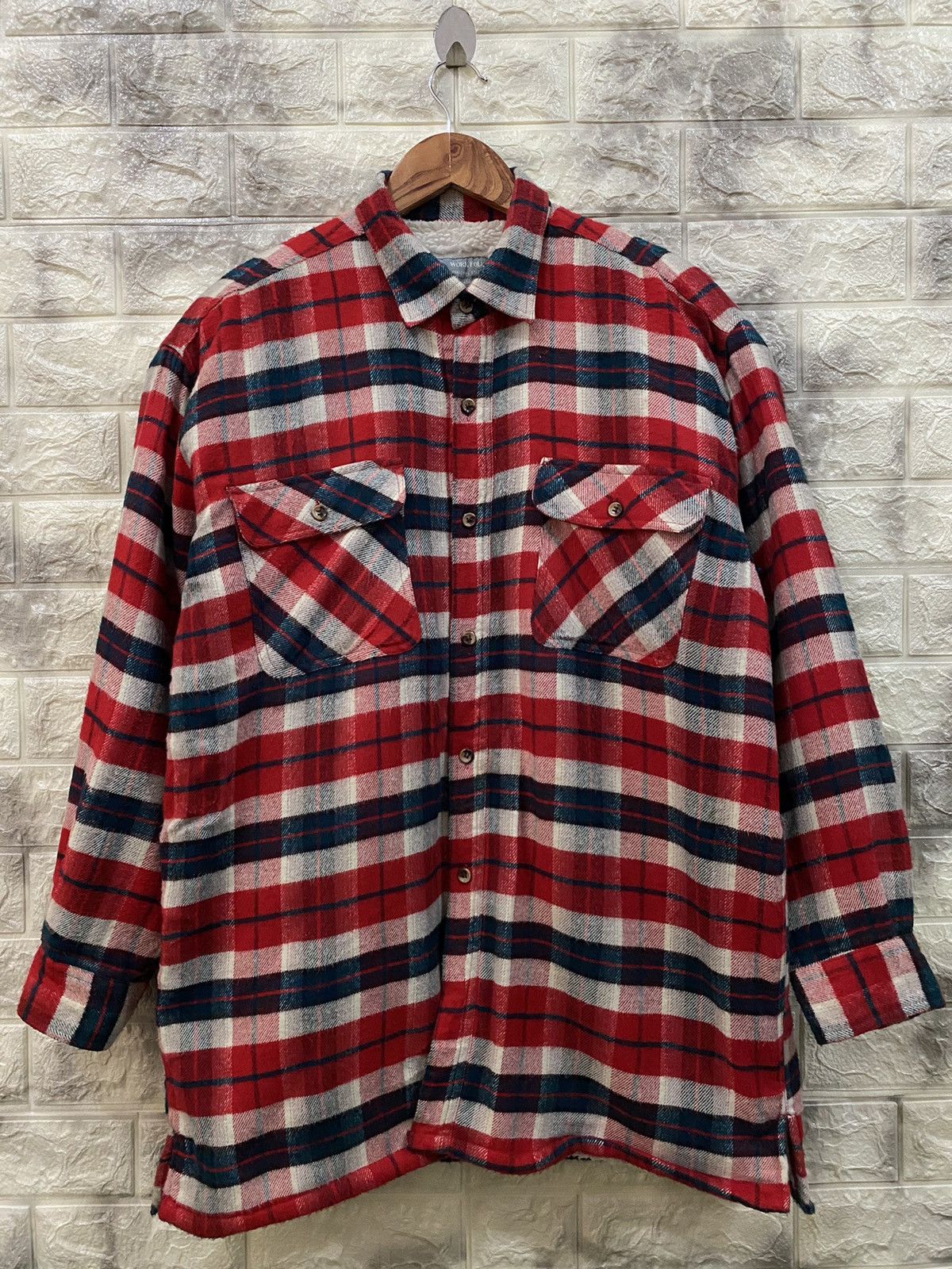 image of Vintage Work Folk Tartan Fleece Jacket in Red Tartan, Men's (Size Large)