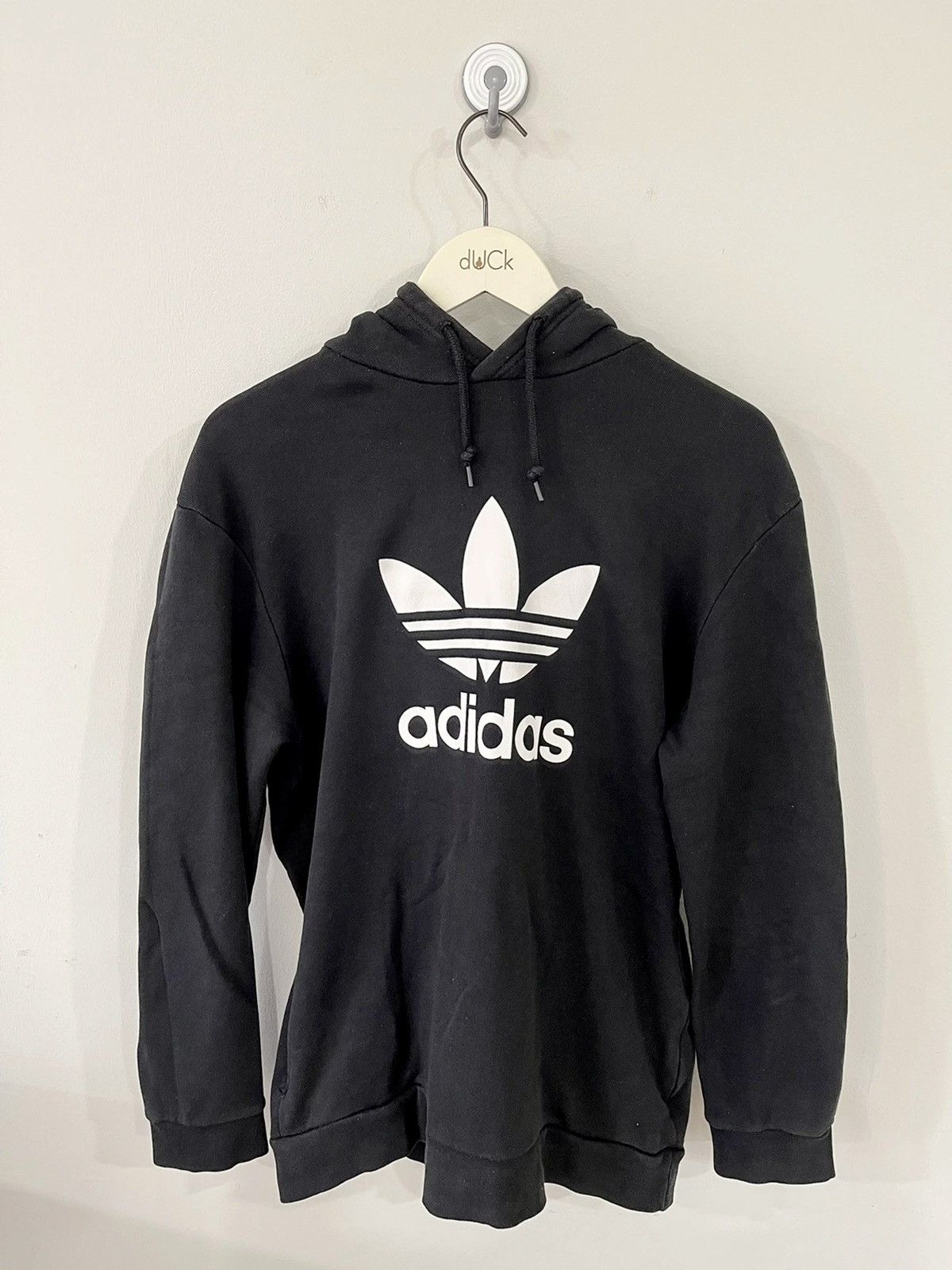 VINTAGE ADIDAS TREFOIL HOODIE BIG LOGO FRONT ALL BLACKS