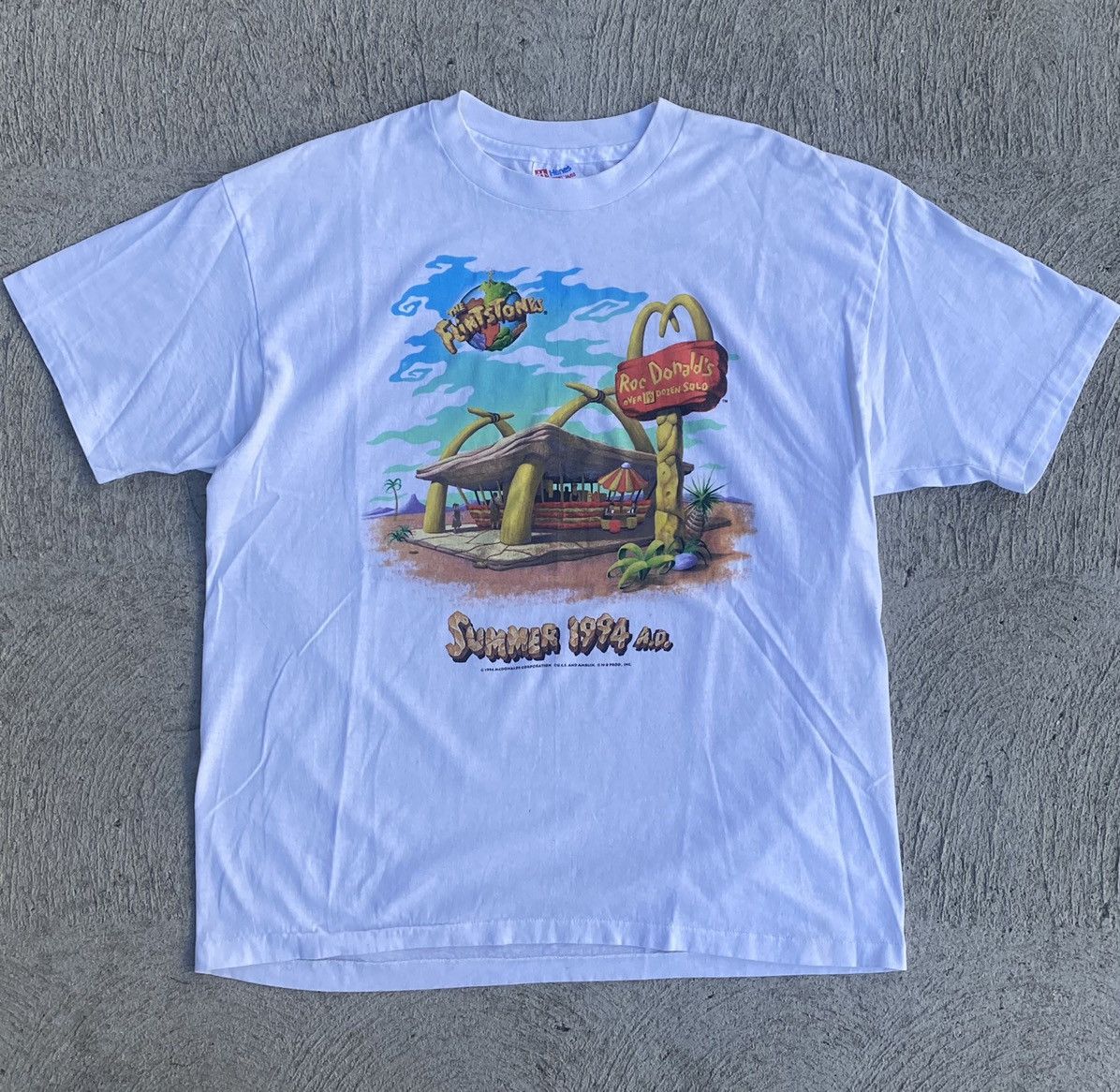 image of Art x Hanes 1994 Single Stitch Mcdonalds Flintstones Vintage White Tee, Men's (Size XL)