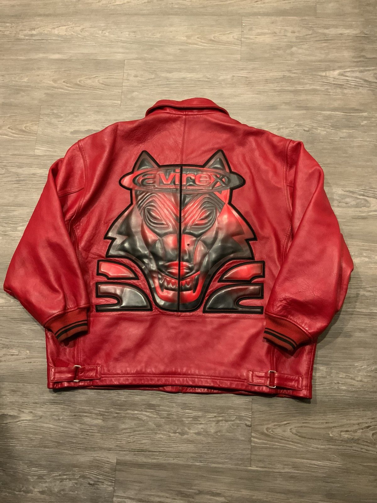 image of VTG 90's Avirex Wolf Red Leather Bomber Varsity Jacket, Men's (Size 2XL)