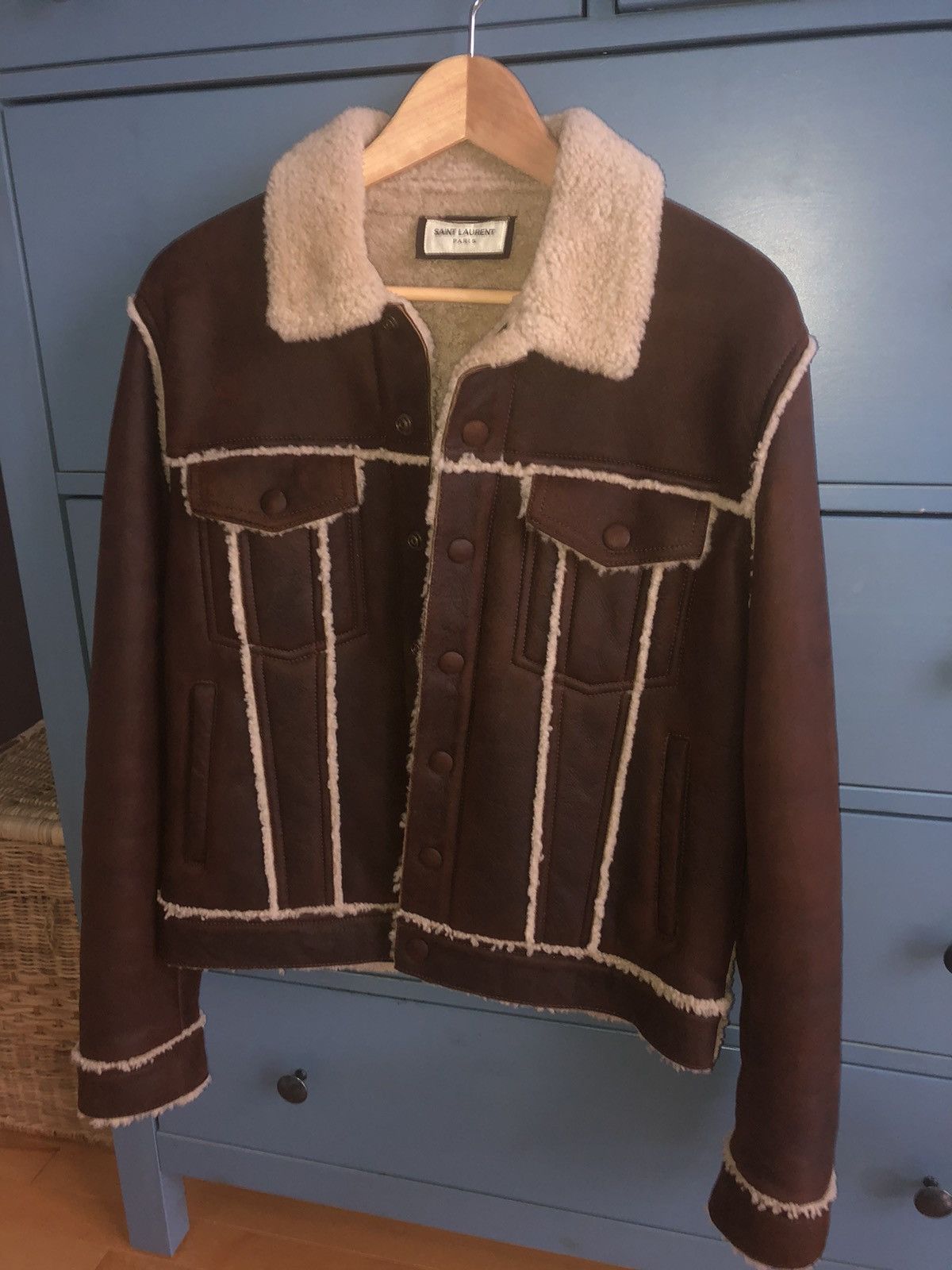 image of Hedi Slimane x Saint Laurent Paris Shearling Leather Jacket in Brown, Men's (Size Small)