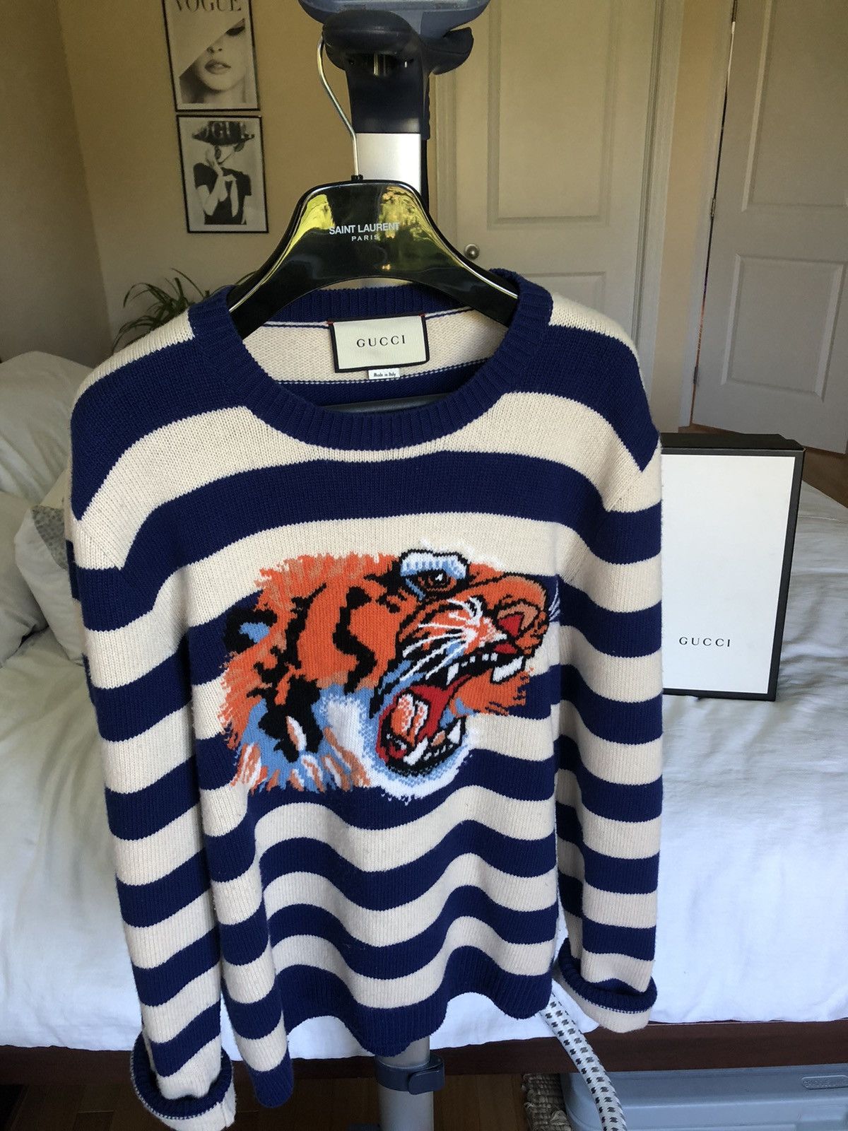 image of Gucci Striped Loved Tiger Intarsia Wool Sweater Medium in Blue White, Men's