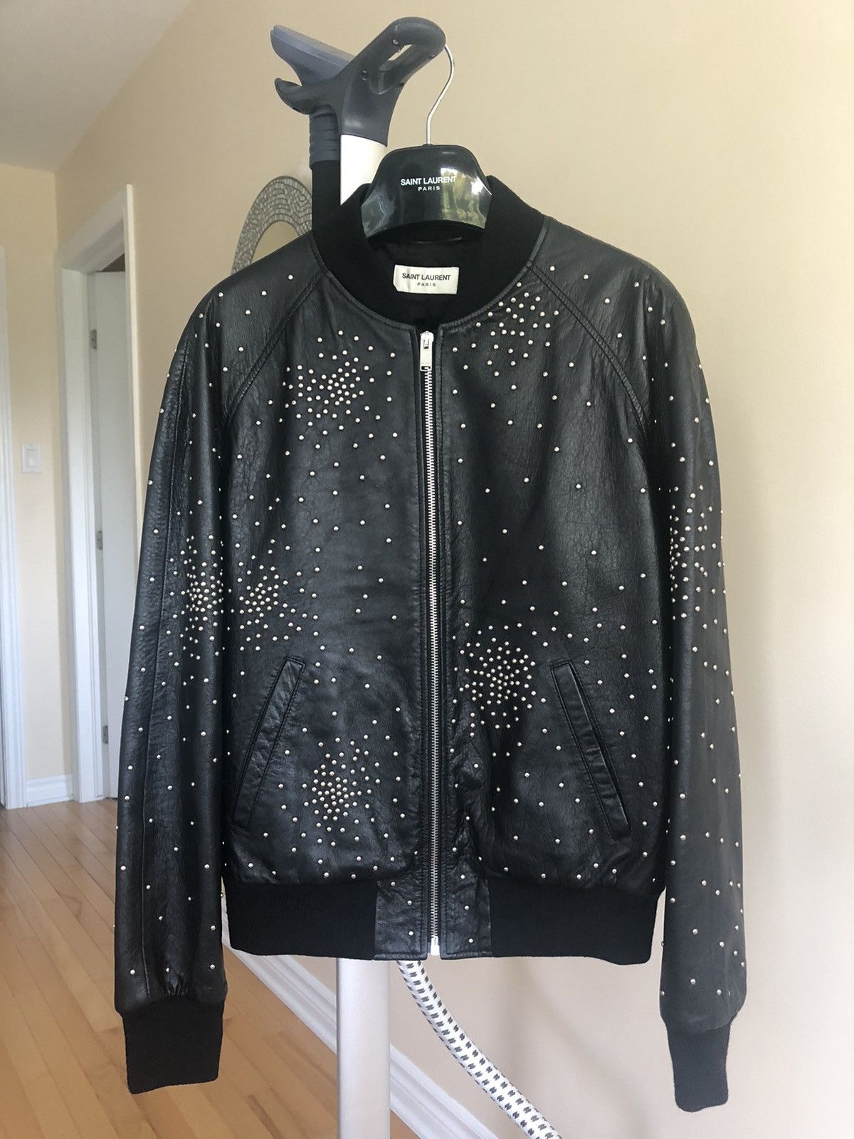 image of Saint Laurent X Hedi Slimane Studded Leather Teddy Jacket in Black, Men's (Size Small)