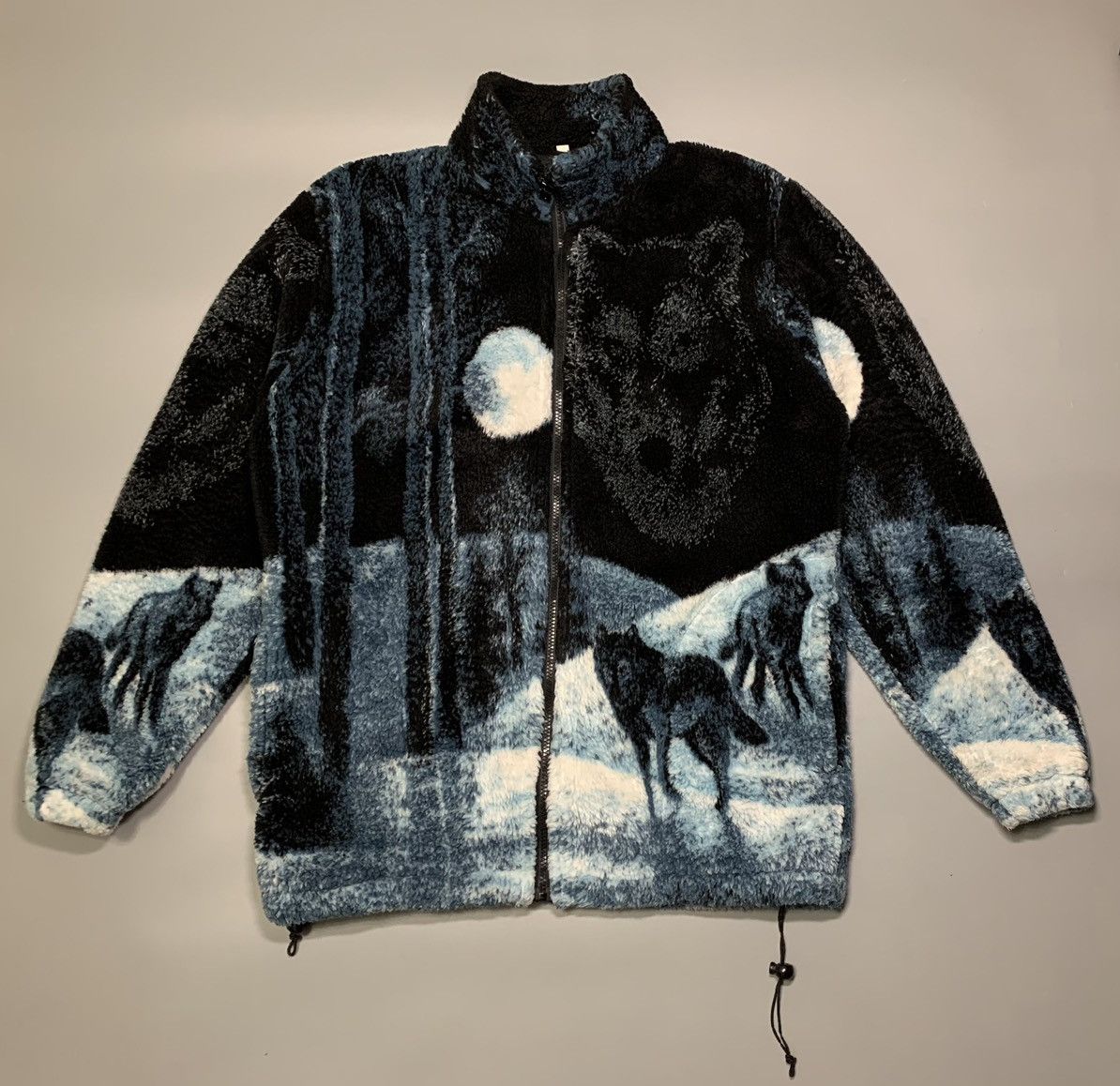 Vintage Sherpa Animal Wolf Overprint Polar Fleece Jacket
