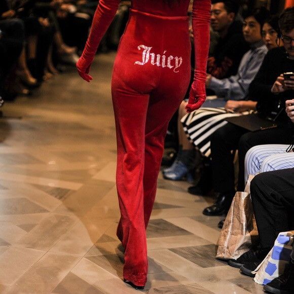 image of Juicy Couture x Vetements Runway Crystal Embellished Logo Velour Track Pants in Red, Women's (Size 