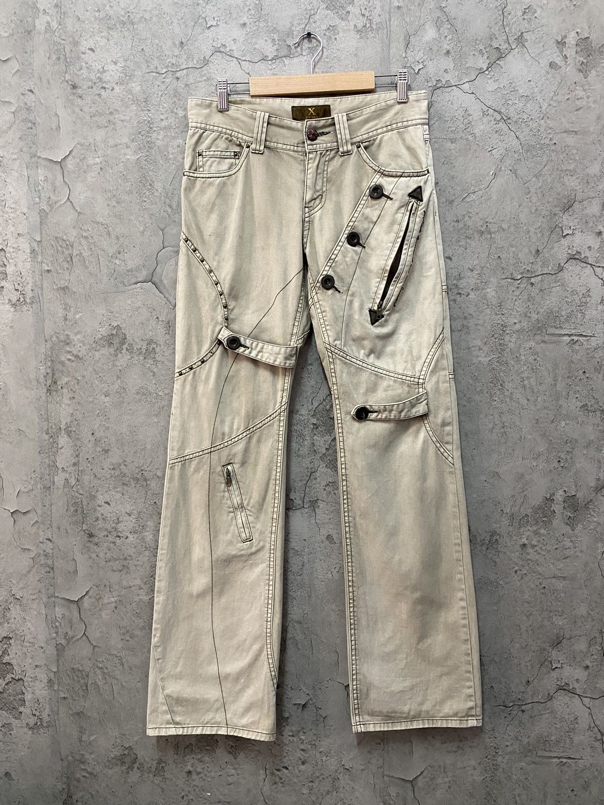 image of Designer Vintage Xfrm Japan Bondage Reconstructed Flared Pants in Beige White, Men's (Size 30)