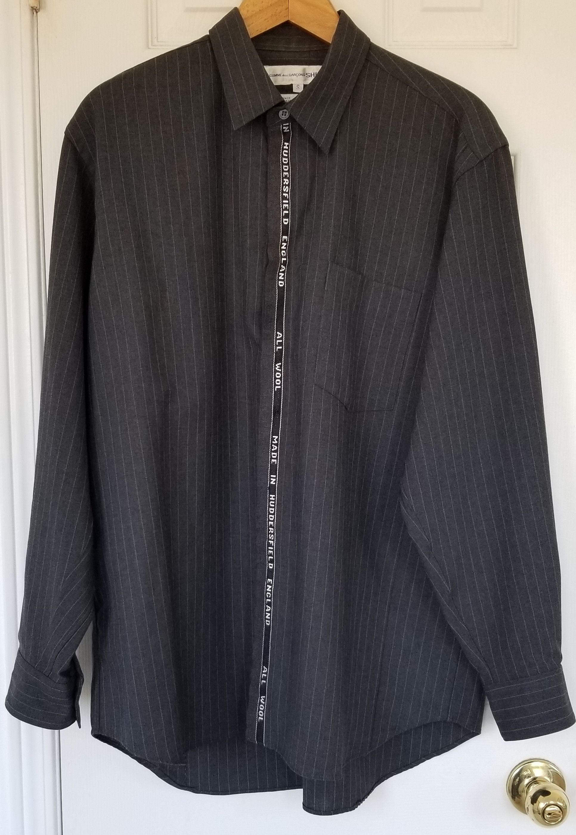 image of Comme Des Garcons Grey Wool Pinstripe Shirt Small in Grey Pinstripe, Men's