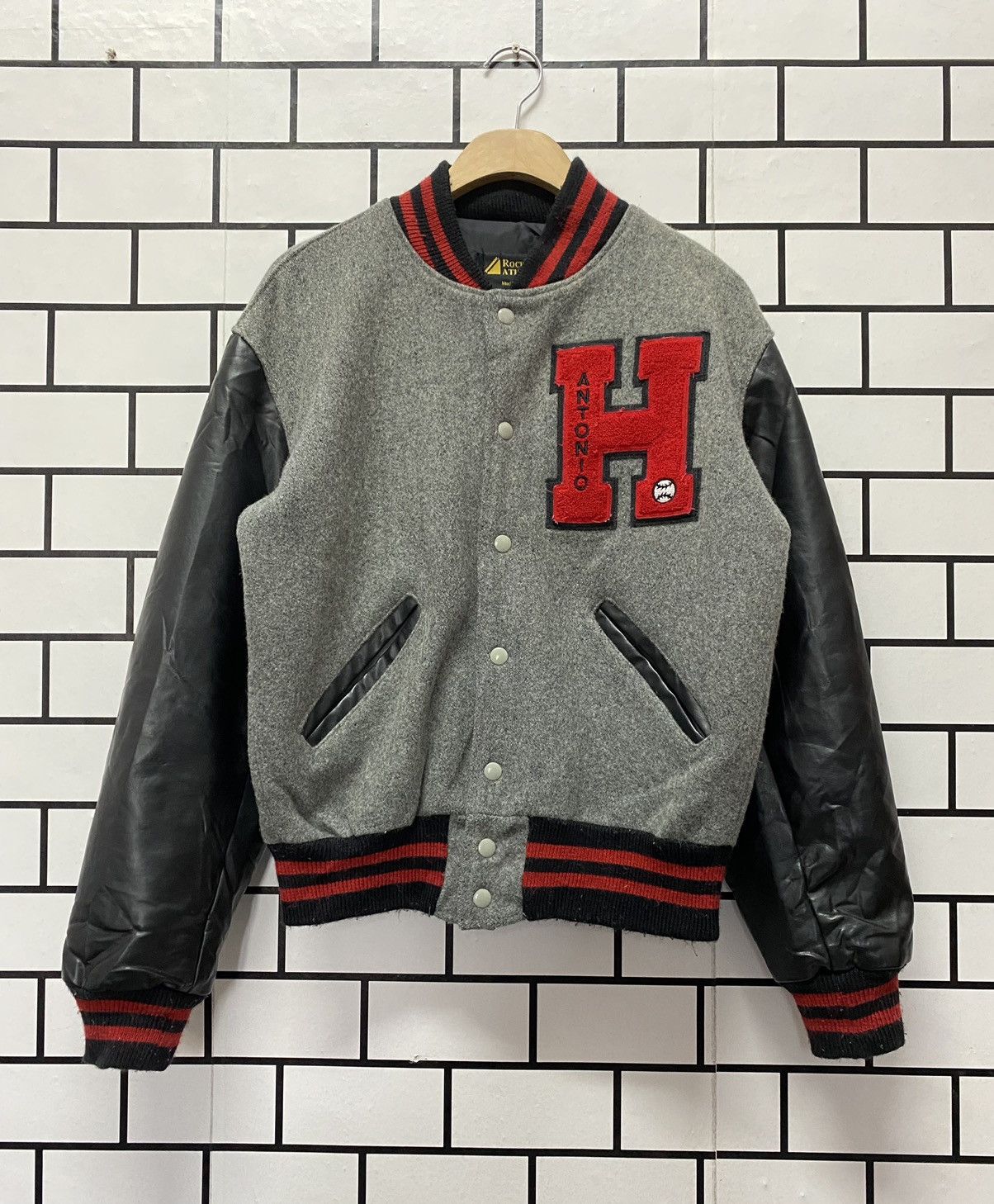image of Nfl x Oldvarsitystadium Vintage Rock Creek Athletics Antonio Leather Wool Varsity in Grey Black (Si
