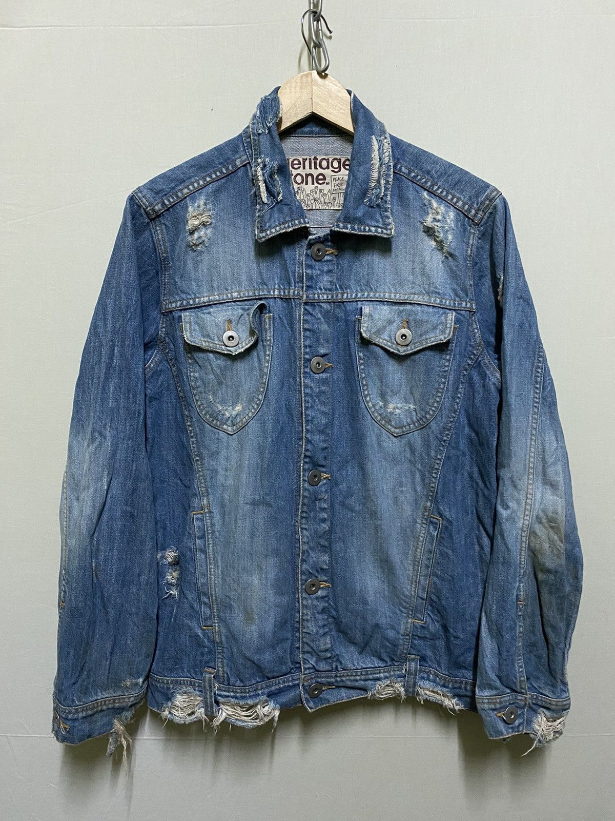 image of Distressed Denim x Heritage Stone Trucker Thrashed Jacket Distressed in Blue, Men's (Size Large)