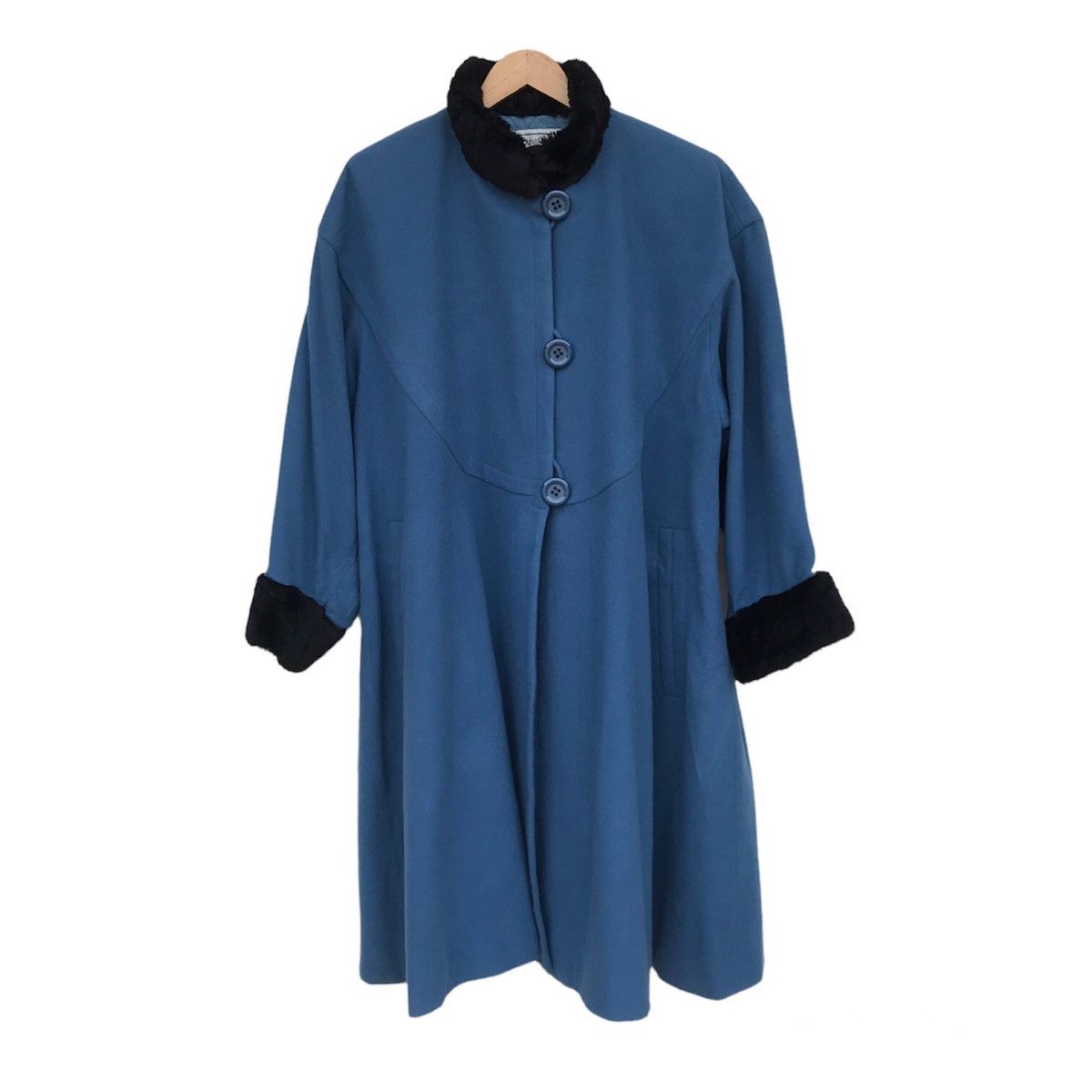 image of Vintage 90's YVES Saint Laurent Wool Coat Women Fur Trim in Blue (Size Small)