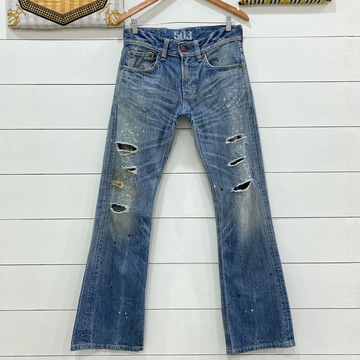 Edwin × Japanese Brand × Vintage Edwin Distressed Painted Flare Denim Jeans Kapital Style Size US 31 - 1 Thumbnail