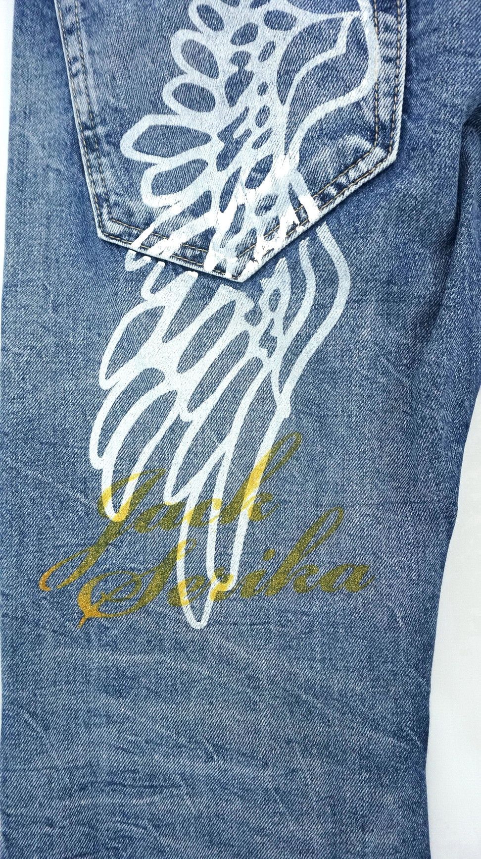 Japanese Brand 🔥 JACK SERIKA Vintage Wings Printed Flared Jeans Size US 30 / EU 46 - 4 Thumbnail