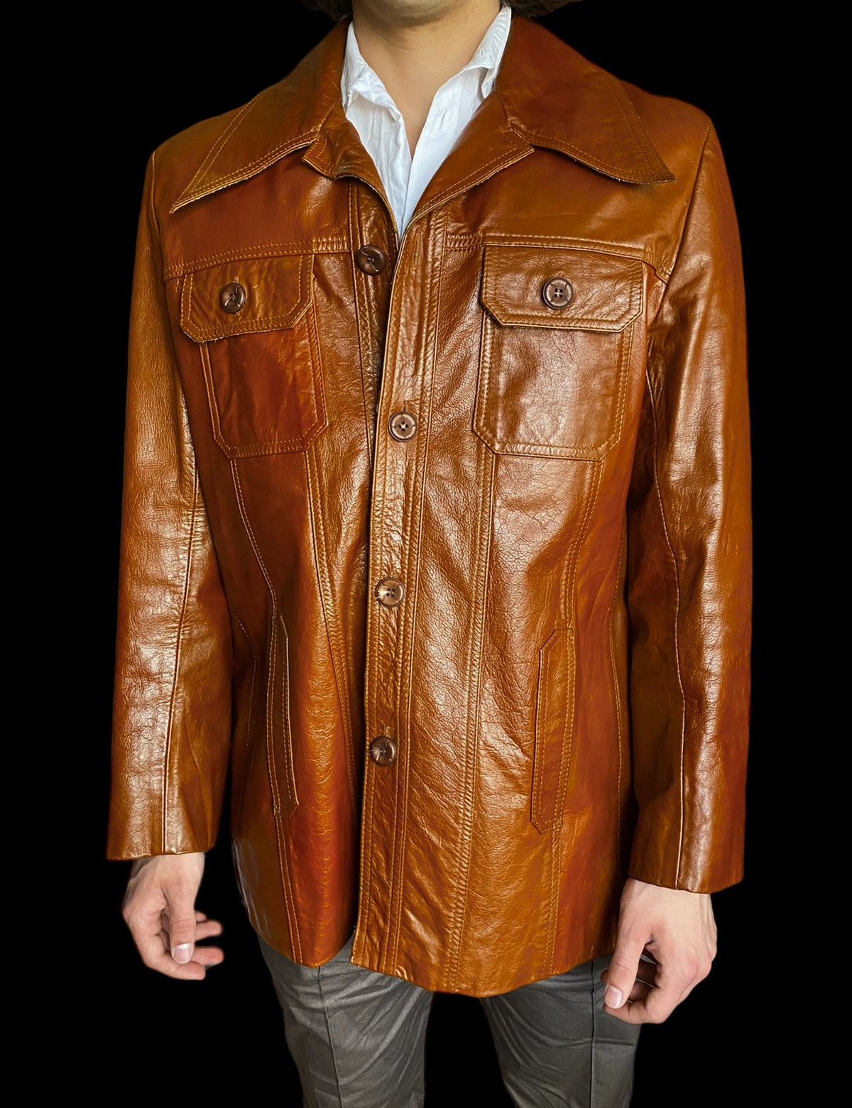 Cowboy Equipment × Vintage 70’s Vintage Brown Leather jacket sharp collar American Rare Size US L / EU 52-54 / 3 - 21 Thumbnail