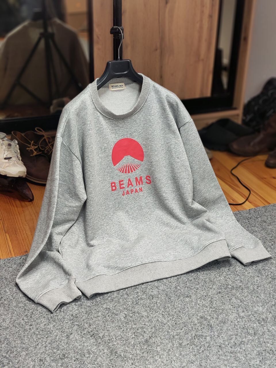 Japanese Brand Beams Boy Japan Red Logo Blank Crew Check Gray Sweatshirt Size US L / EU 52-54 / 3 - 21 Thumbnail