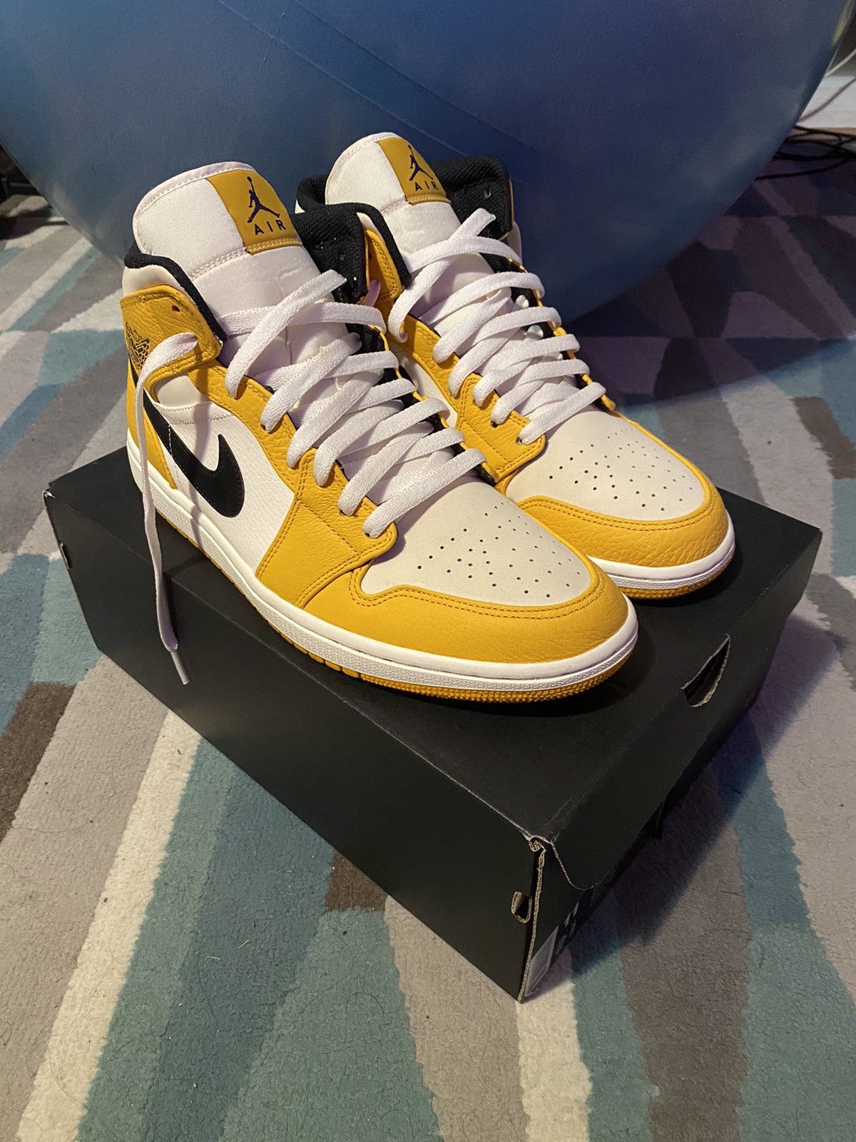image of Jordan Nike Jordan 1 Mid Se Lakers Shoes in University Gold/Black, Men's (Size 11)