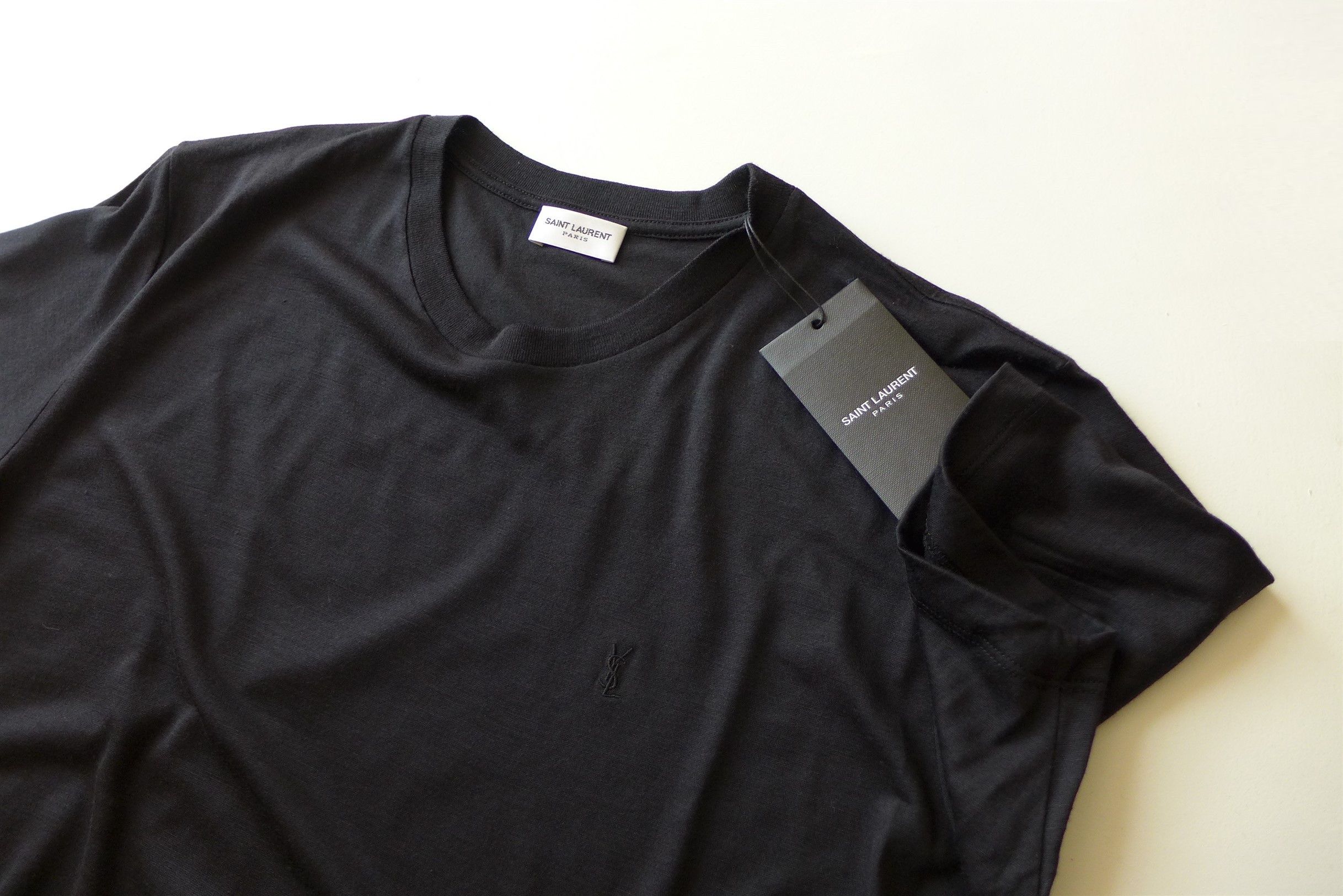 Saint Laurent Paris Saint Laurent Embroidered Logo T-Shirt - Black Wool & Silk Size US S / EU 44-46 / 1 - 8 Thumbnail