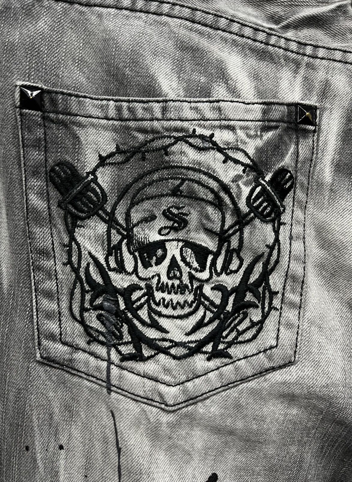 Japanese Brand × Tribal Streetwear Acid Wash Splash Punk Skull Heart Tribal Embroidered FLARE💥 Size US 30 / EU 46 - 8 Thumbnail