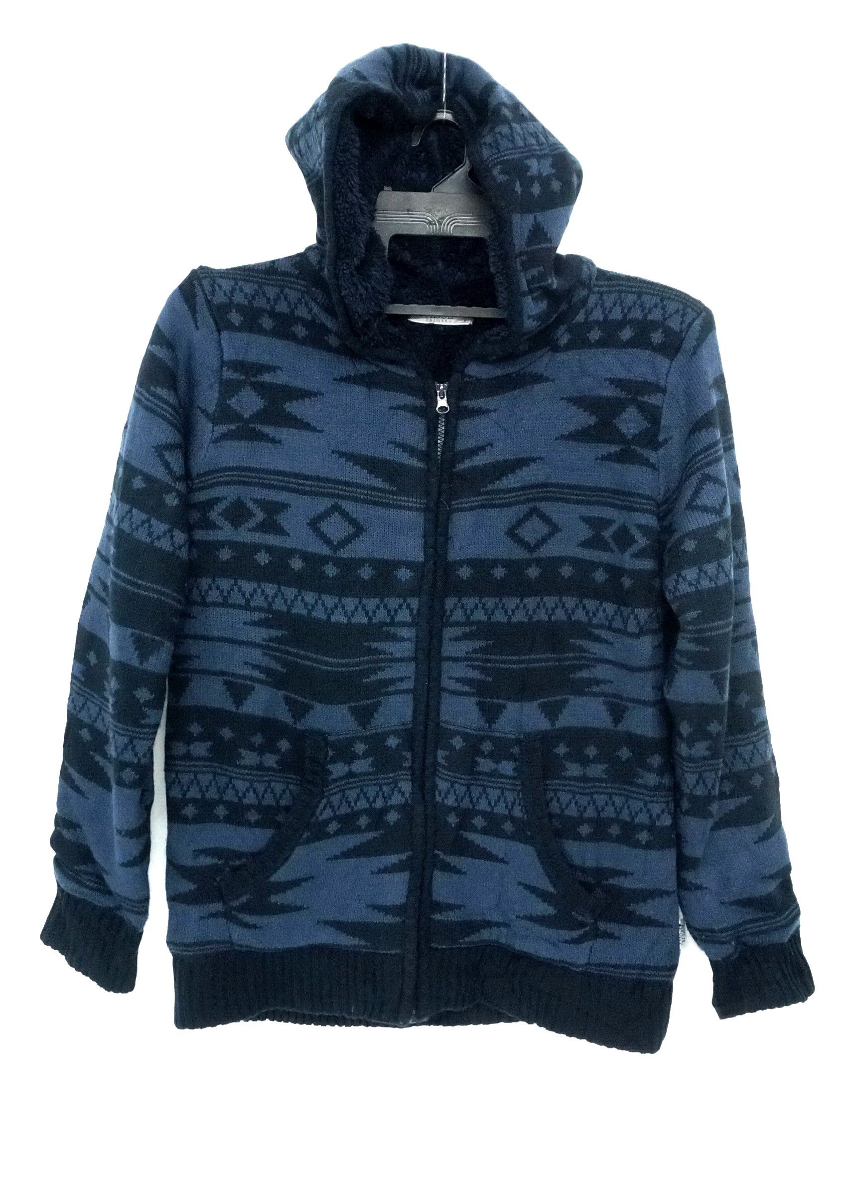 image of Azul Primera Aztec Mono Navajo Native Zipper Sweater Hoodie in Dark Blue, Men's (Size Small)
