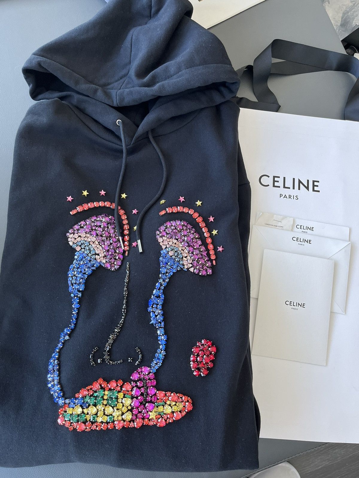 Image of Super Runway Celine Hedi Mushroom Diamond Jewel Hoodie in Black, Men's (Size XL)