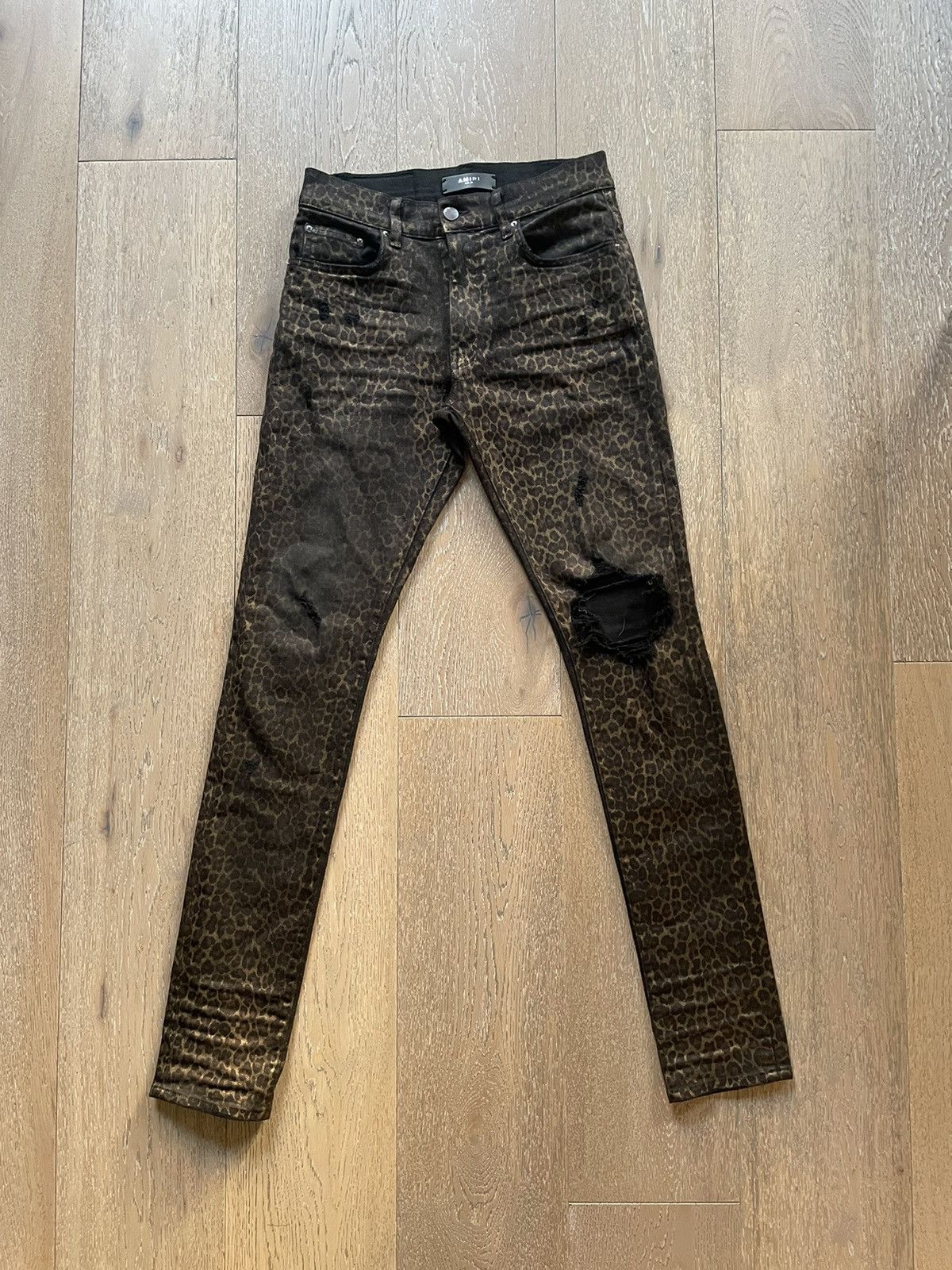 image of Amiri Foil Broken Leo Denim in Leopard, Men's (Size 30)