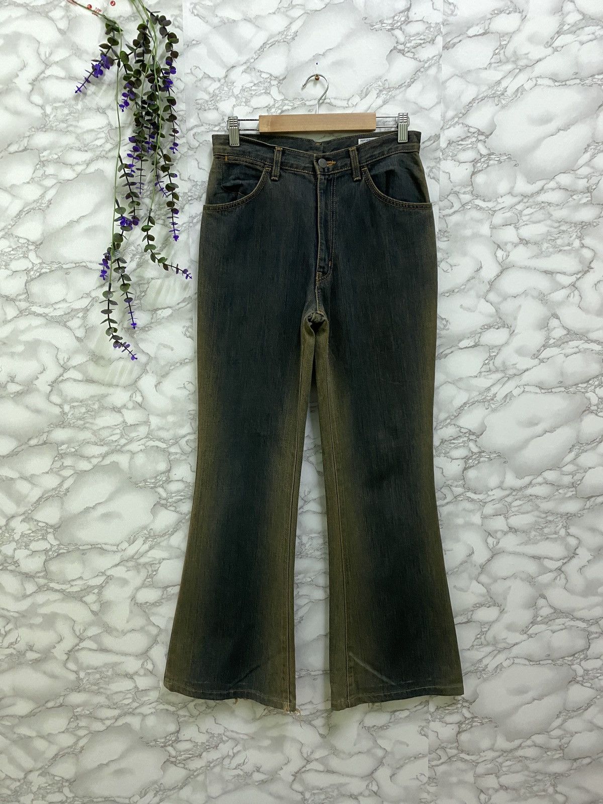 image of Distressed Denim x Vintage Wrangler Sun Faded Flared Bootcut Denim in Dark Blue Faded (Size 27)