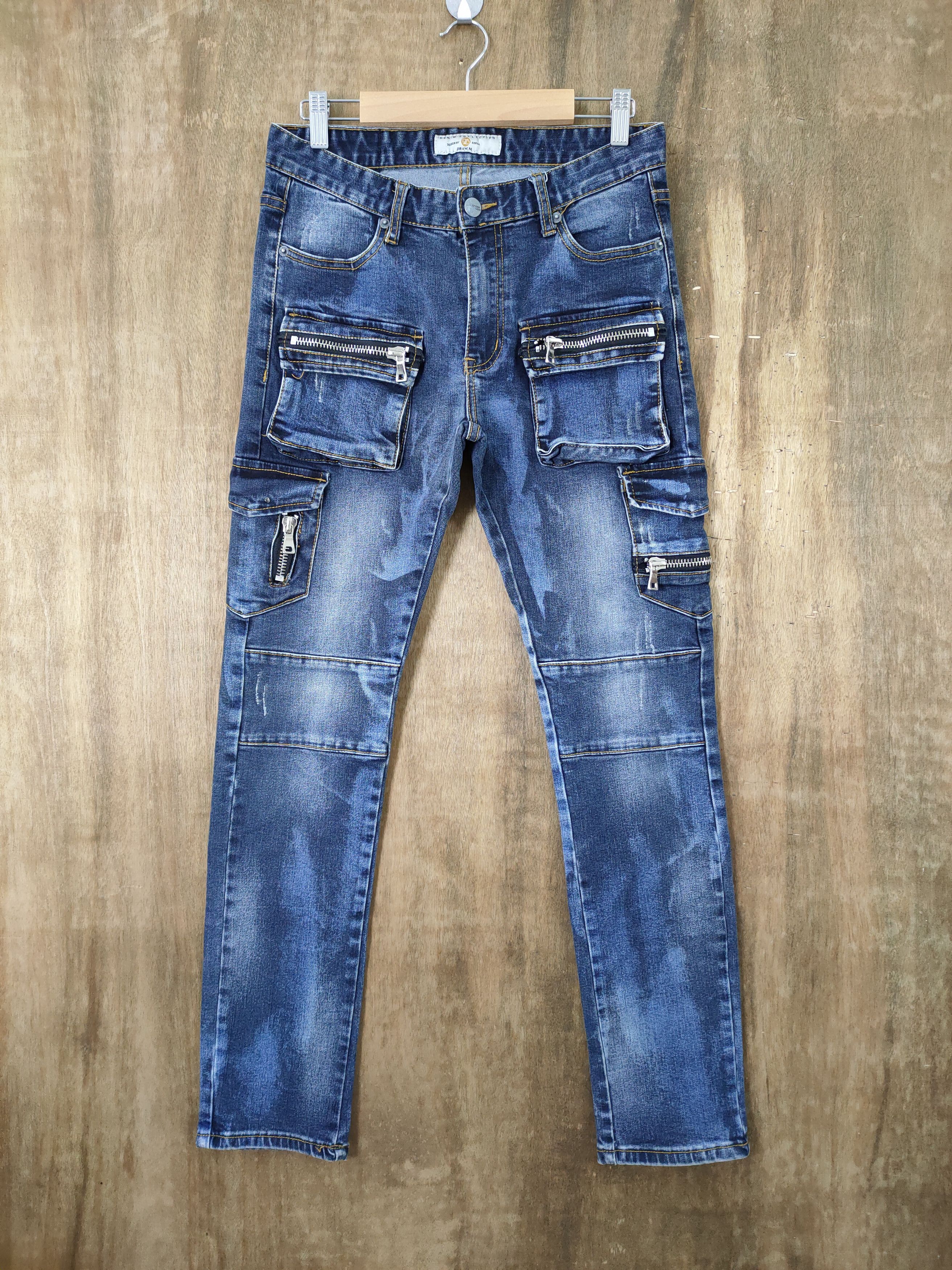 image of Draw.m 10 Pocket Faded Denim Jeans Cargo Pants in Blue Denim, Men's (Size 29)