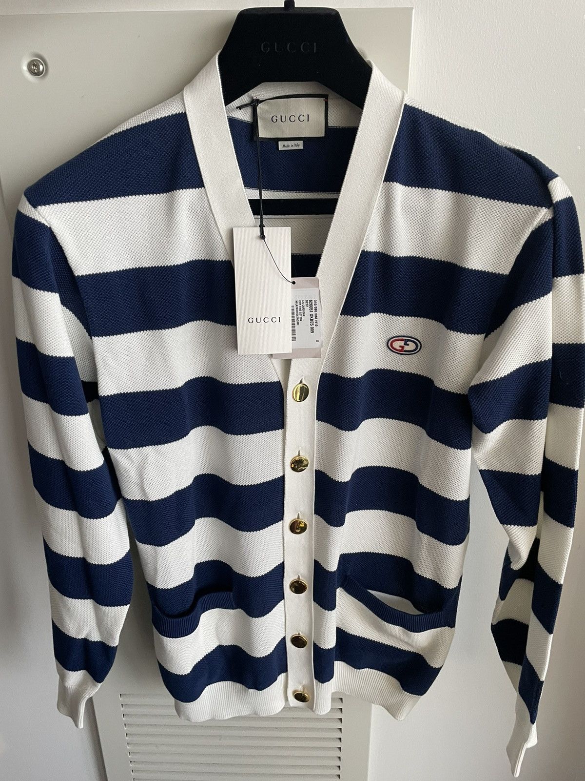 Image of Gucci Limited Super Runway Brandnew GG Logo Cardigan Sweater in Blue, Men's (Size Small)