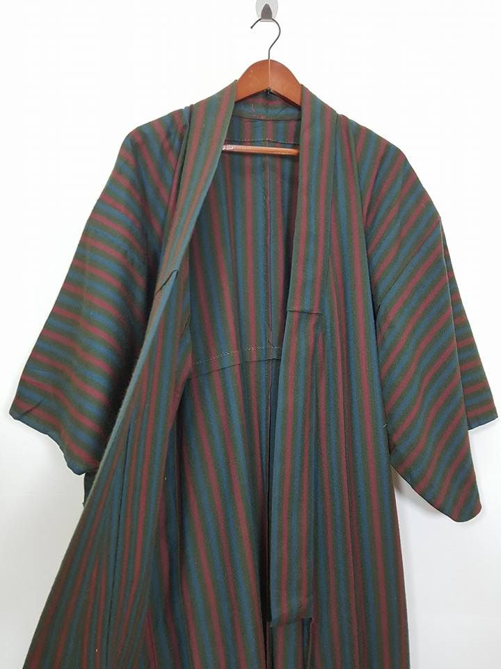 Other Haori Wool Long Kimono 'Shima' Vertical Striped Japan Size US M / EU 48-50 / 2 - 6 Thumbnail