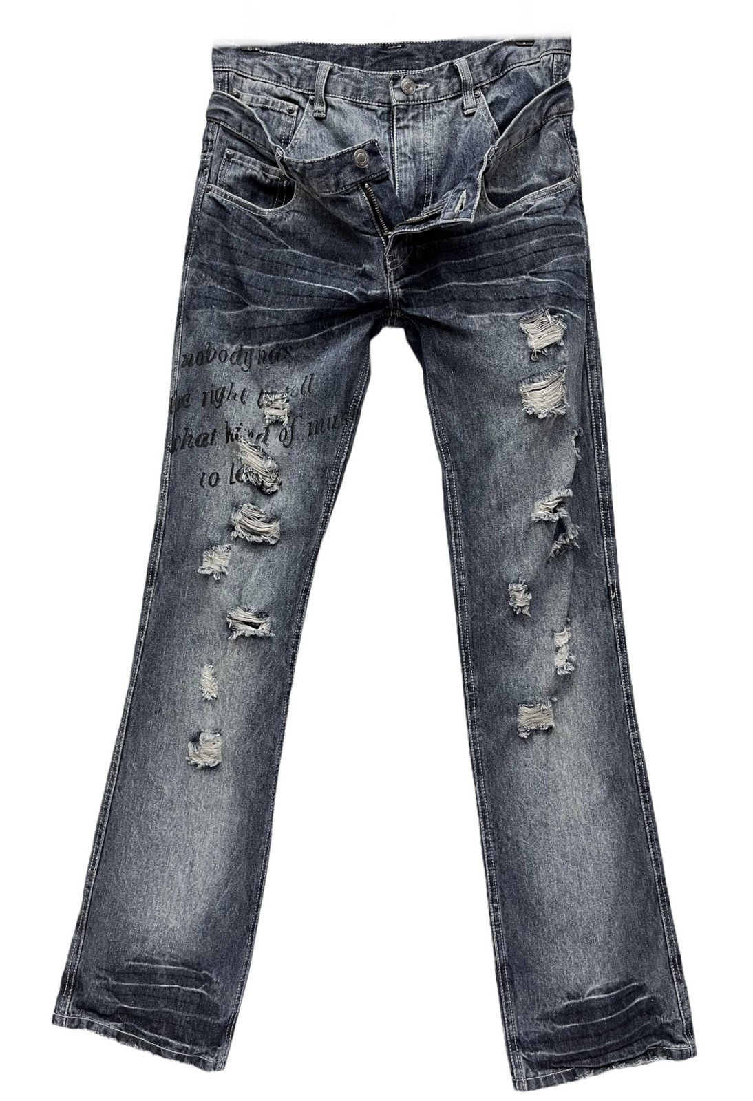 Japanese Brand × Lad Musician 🔥Real Double Waist! Distressed Denim Minimalist Flare Size US 29 - 2 Thumbnail