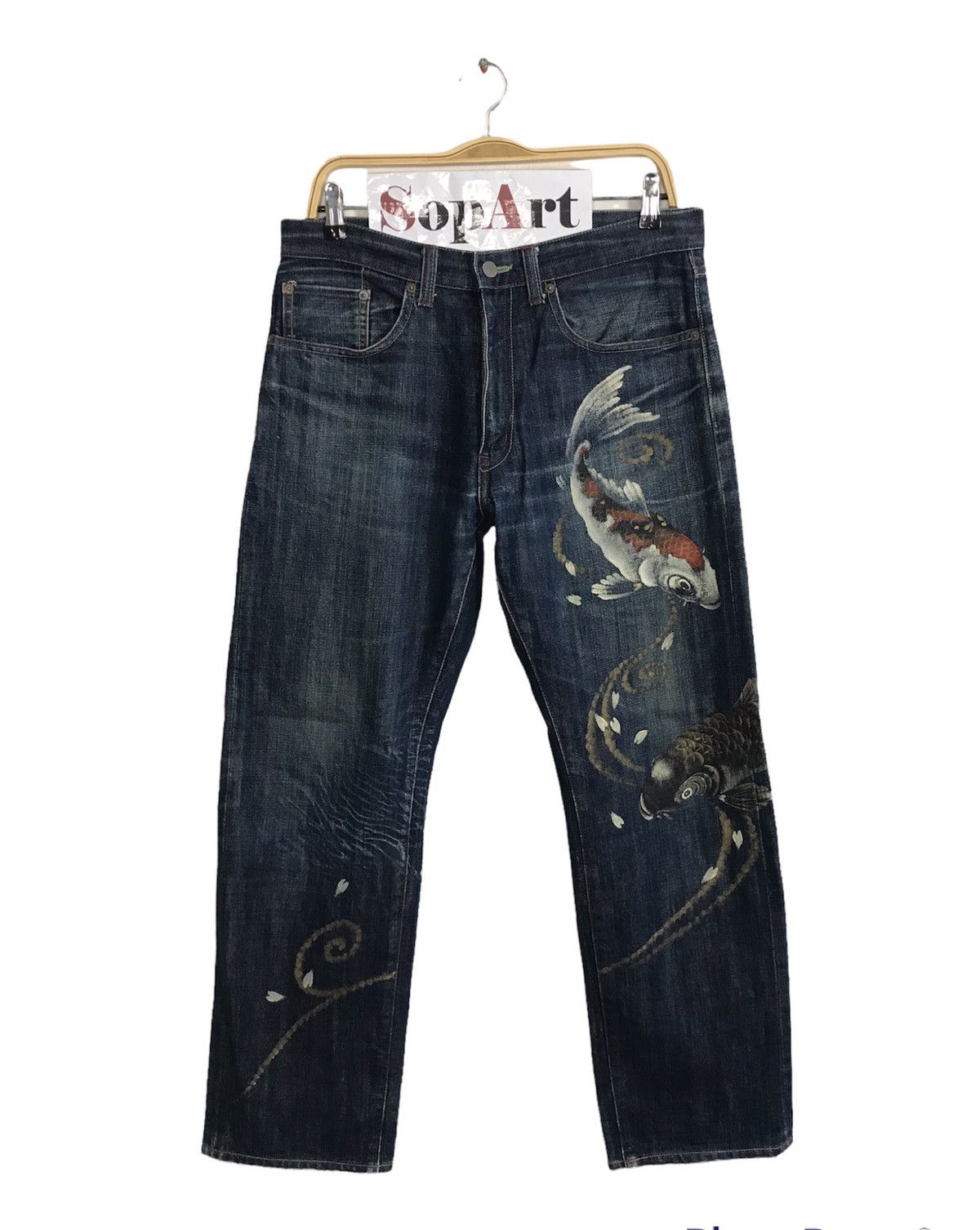 image of Vintage Zen Kyoto Print Fish Koi Distressed Design Jeans in Blue, Men's (Size 32)