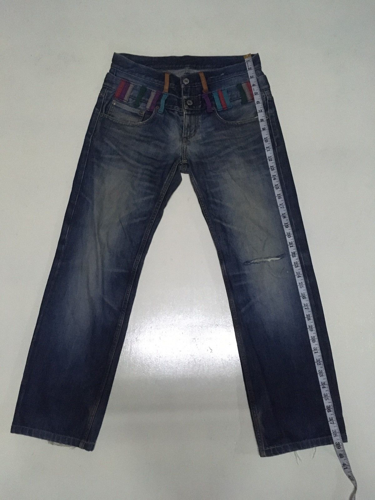 Vintage takeo kikuchi double waist blue wash distressed