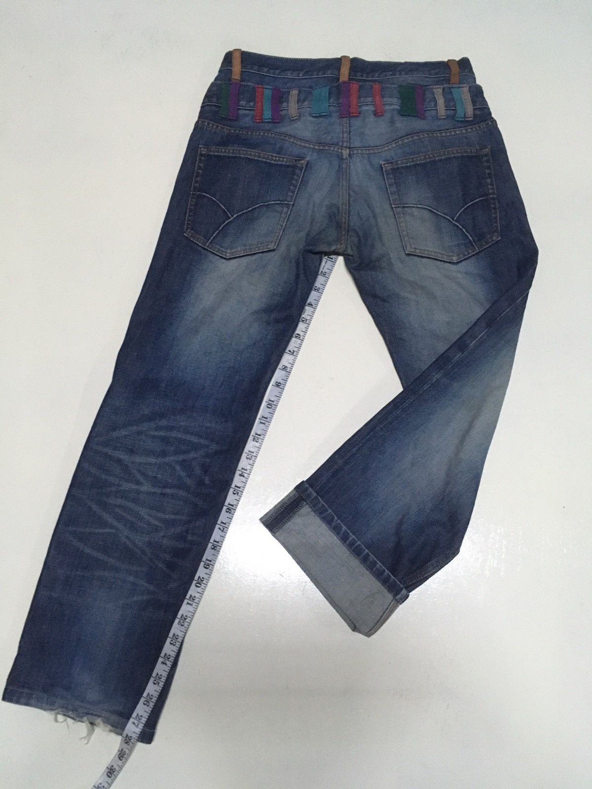 Vintage takeo kikuchi double waist blue wash distressed