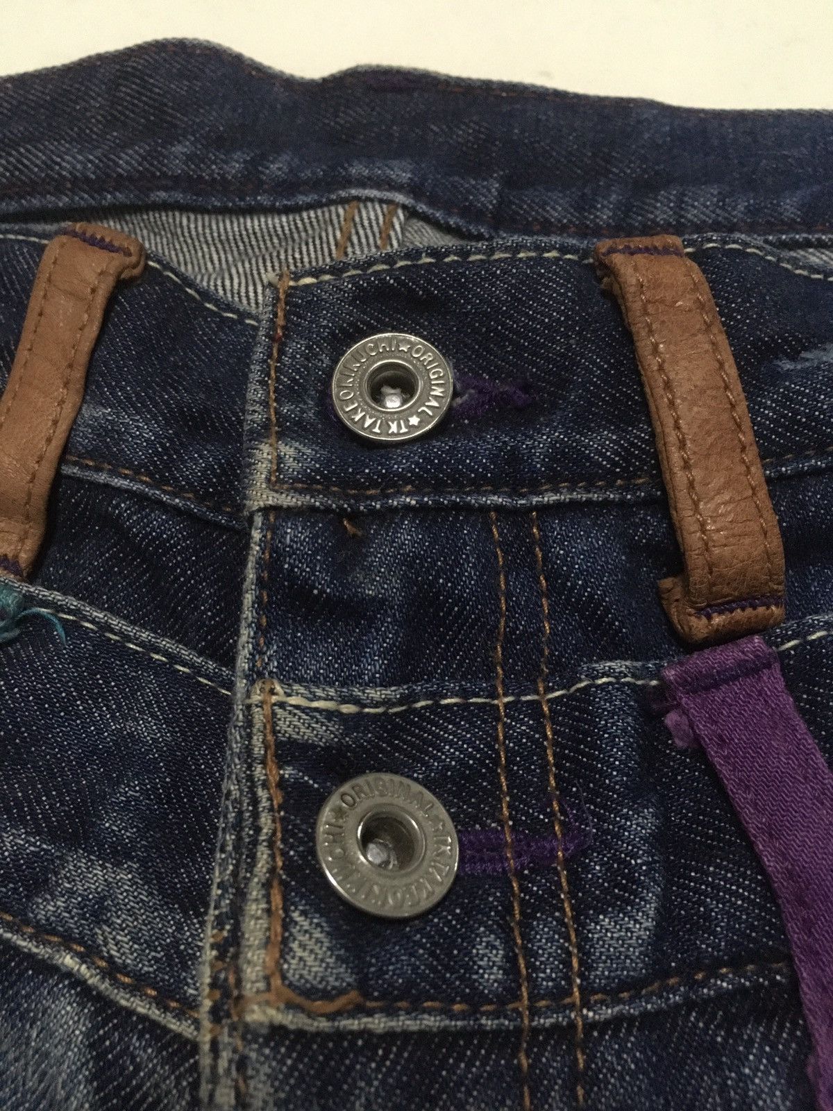 Vintage takeo kikuchi double waist blue wash distressed