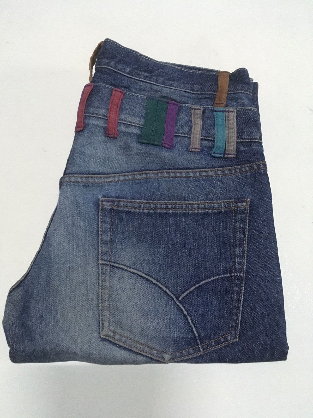 Vintage takeo kikuchi double waist blue wash distressed