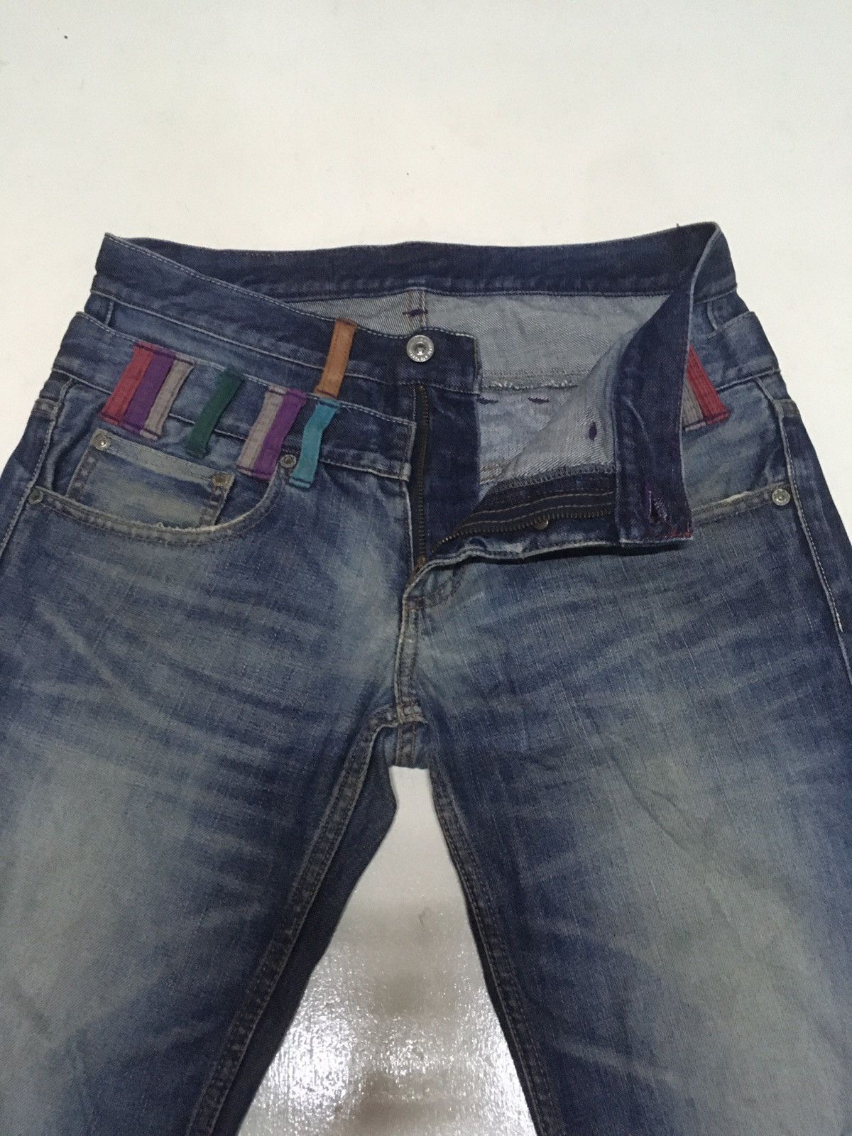 Vintage takeo kikuchi double waist blue wash distressed