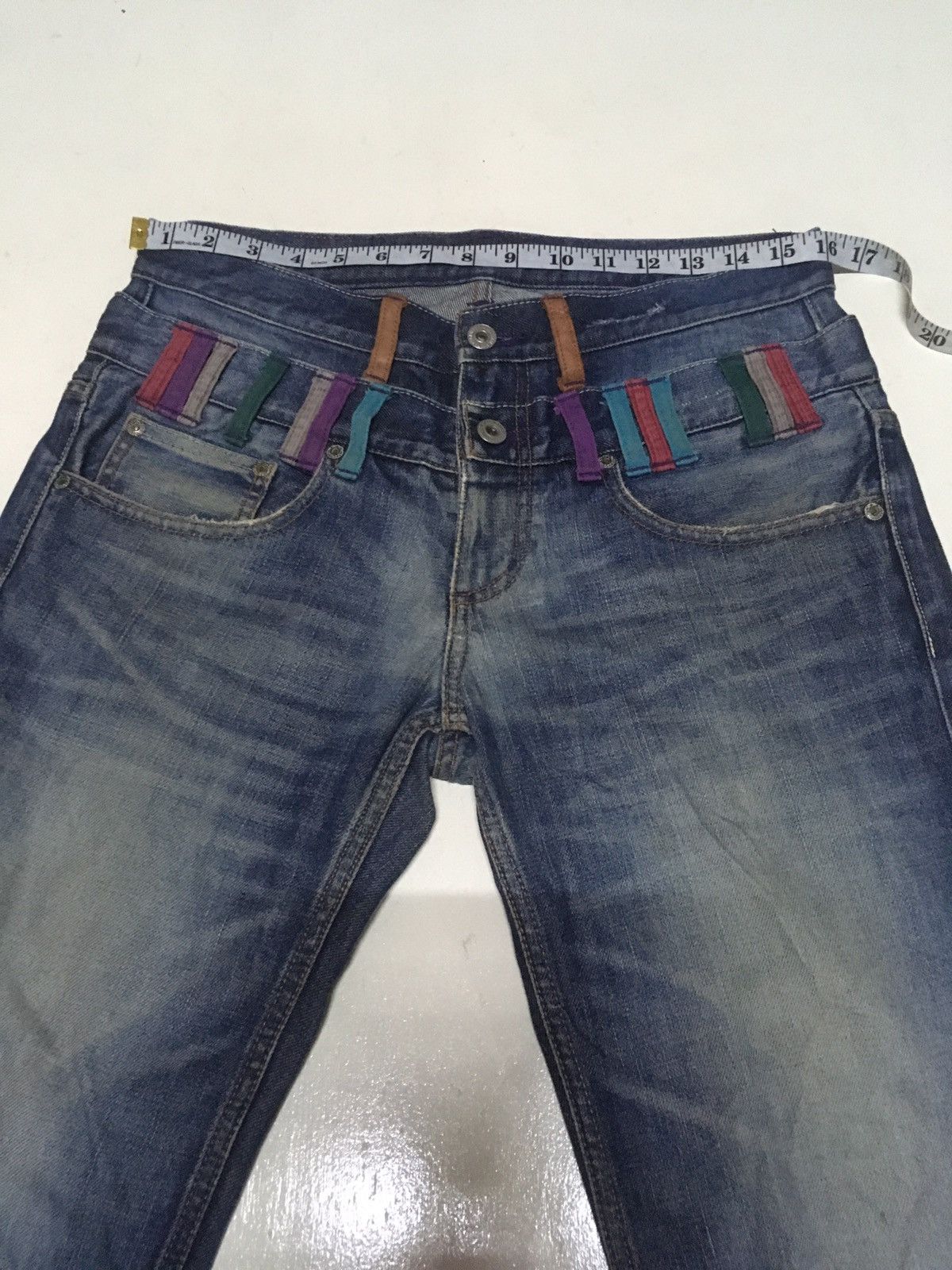 Vintage takeo kikuchi double waist blue wash distressed