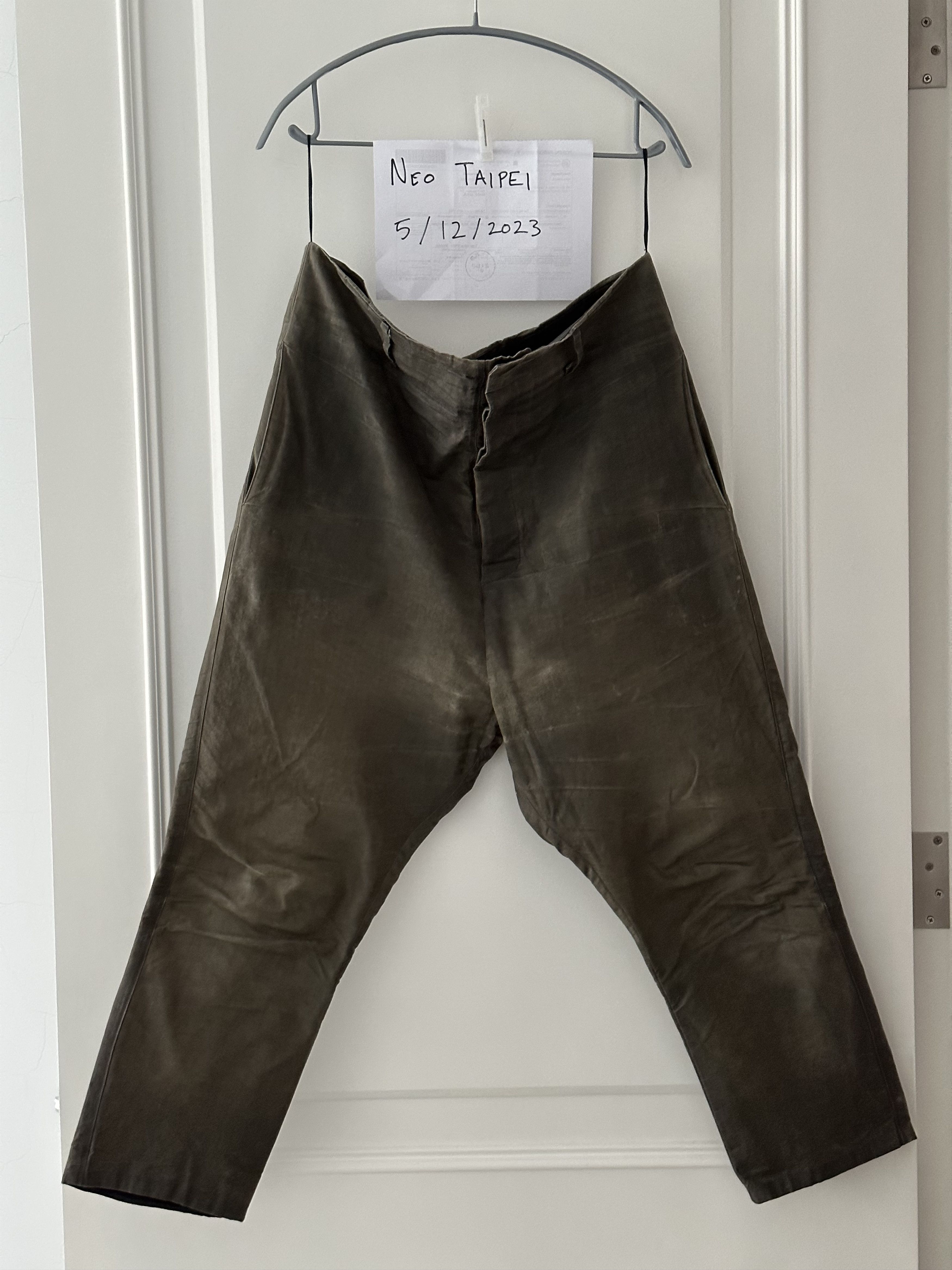 image of Carol Christian Poell x Deepti Waxed Cotton Low Crotch Cropped Trousers in Military Green (Size 34)