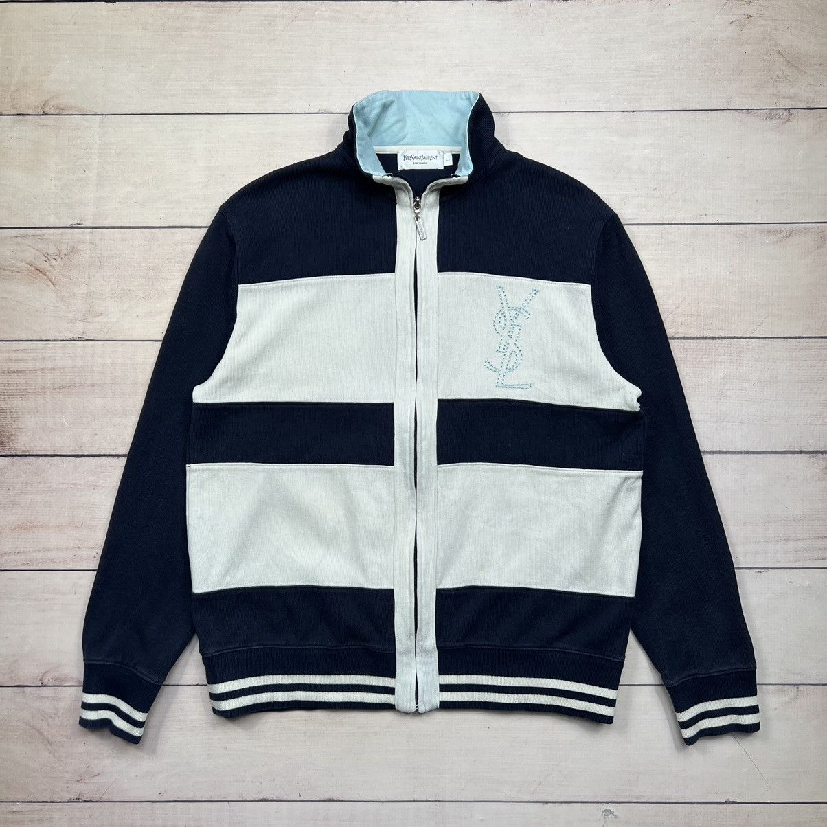 Yves Saint Laurent Vintage Yves Saint Laurent Sweatshirt Zip Navy Beige Logo Size US L / EU 52-54 / 3 - 1 Thumbnail