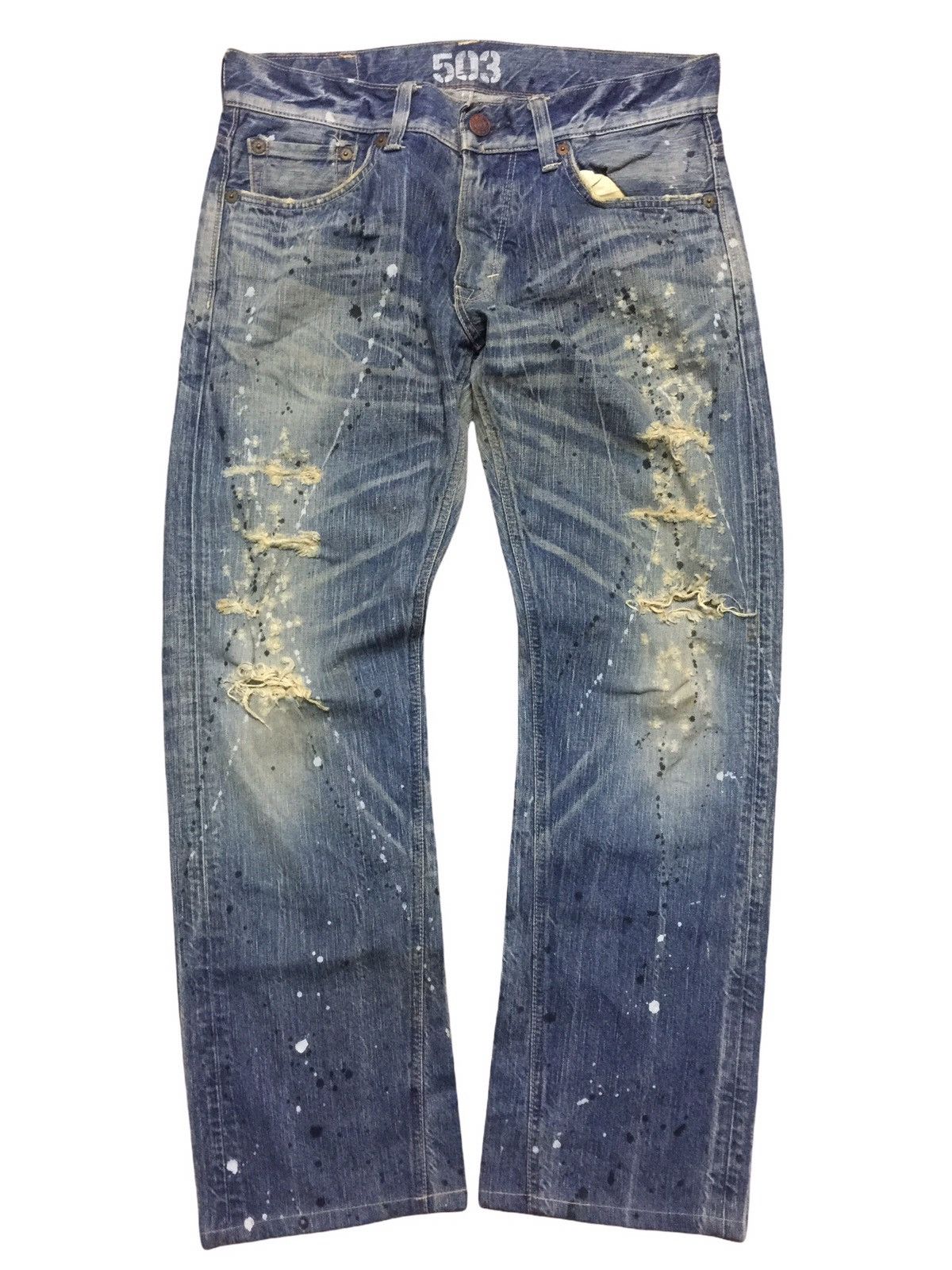 Image of Distressed Denim x Edwin 503 Splatter Paint Splashes Distressed Faded Jeans in Denim (Size 34)