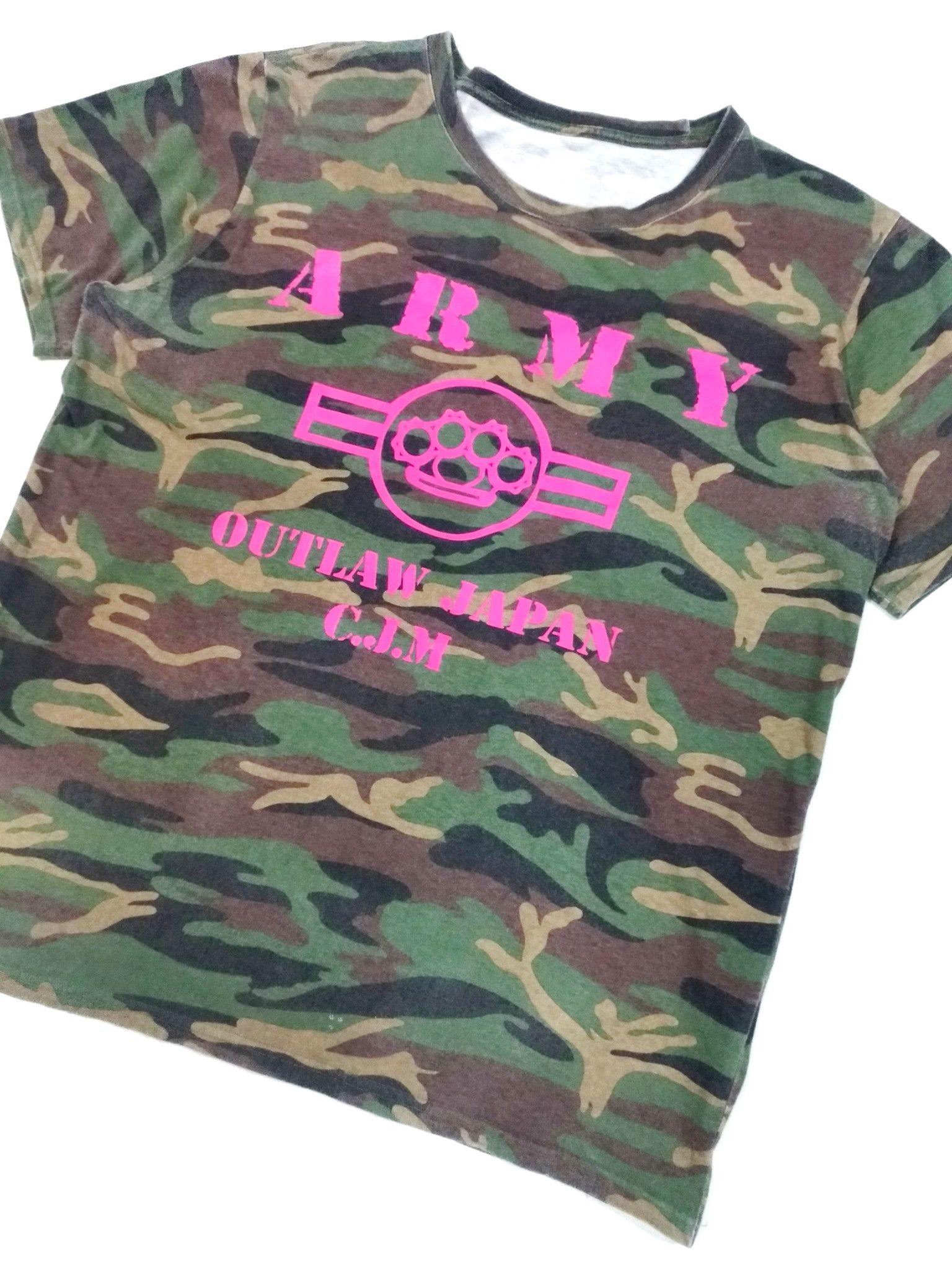 Japanese Brand RARE! OUTLAW JAPAN C.J.M "ARMY" WOODLAND CAMO T-SHIRT Size US XL / EU 56 / 4 - 3 Thumbnail