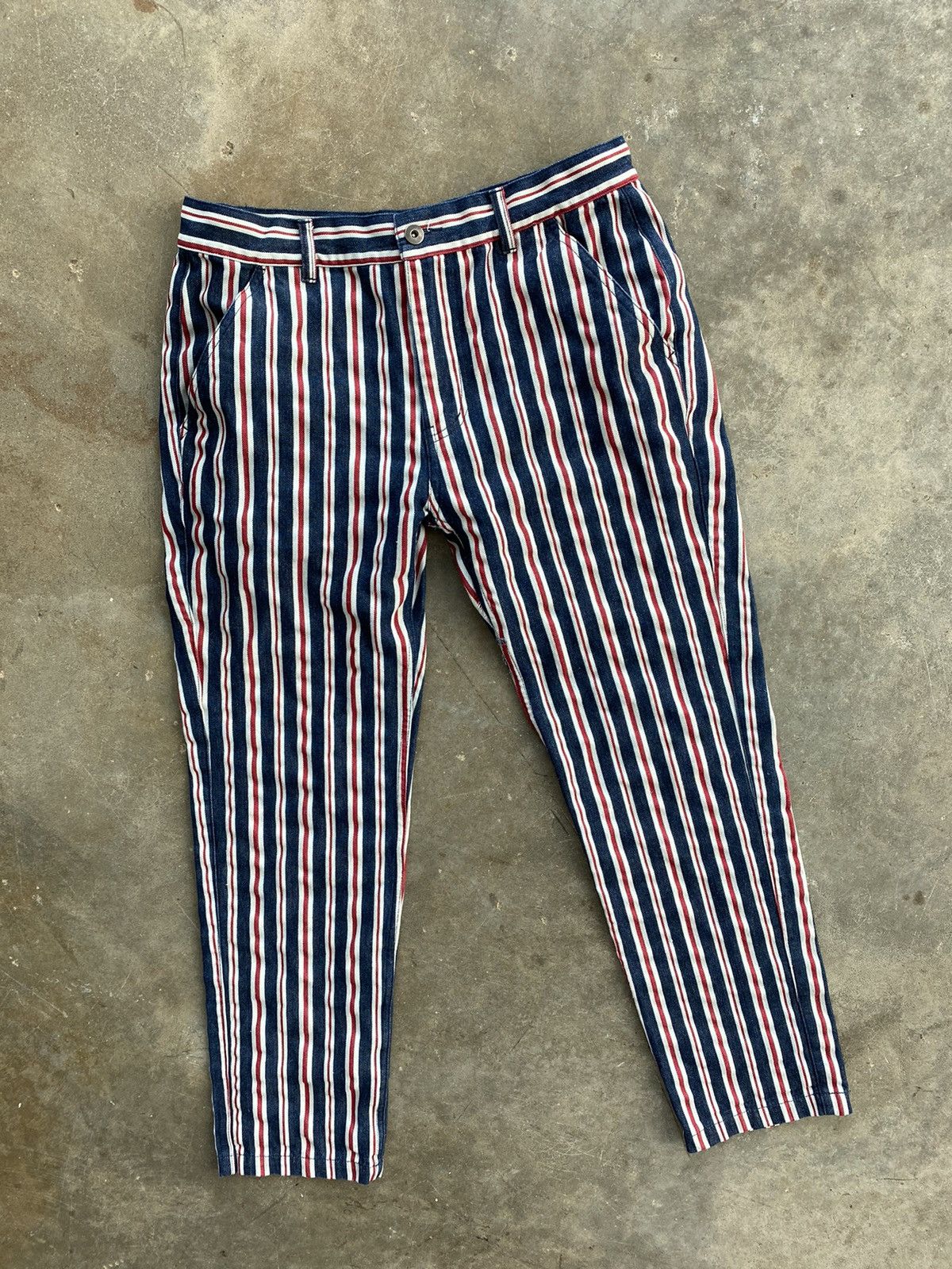 Image of Pleasures Navy + Red Vertical Stripe Denim Jean Pants Sz. 30 in Black, Men's