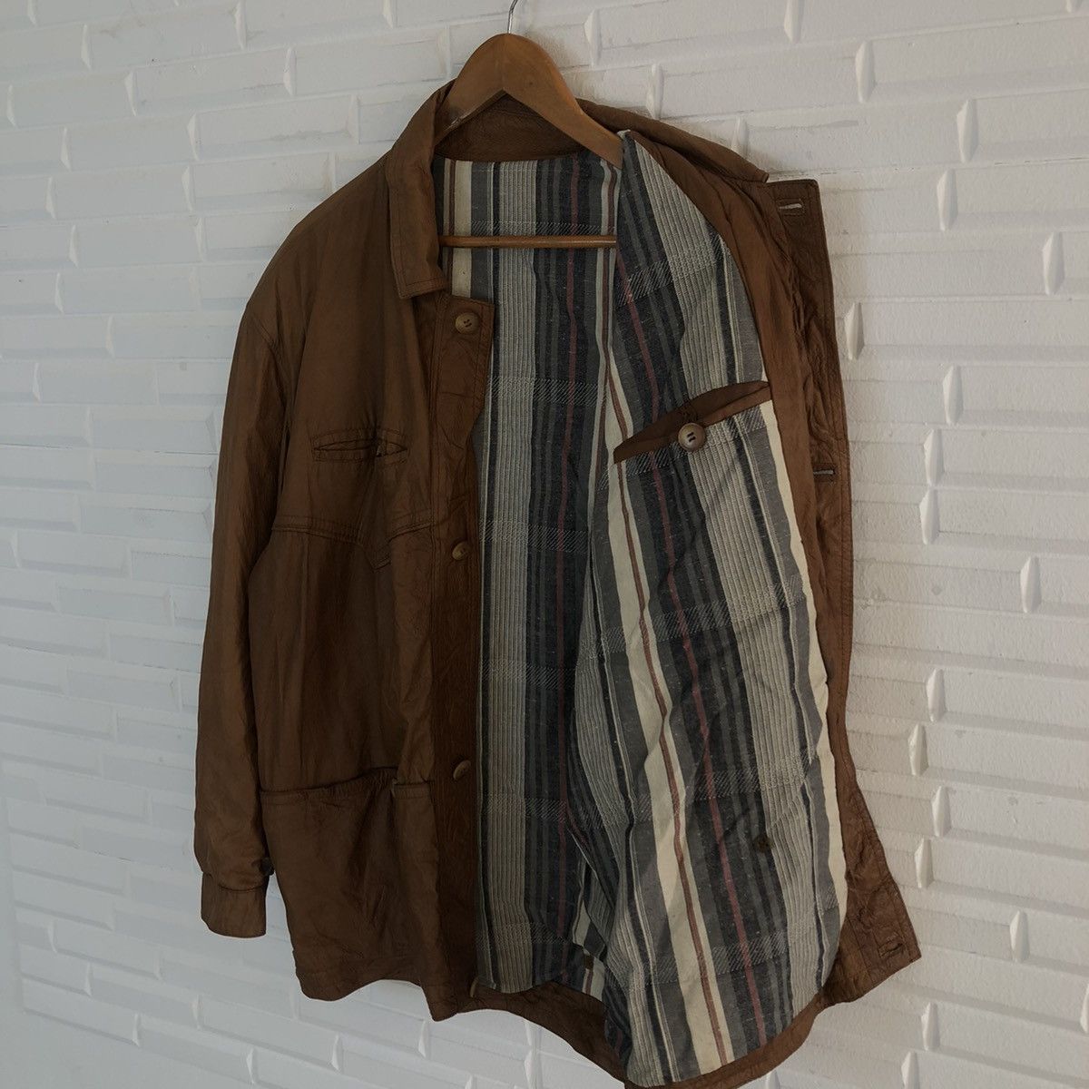 Japanese Brand VINTAGE SOFT LEATHER CARGO JACKET RARE STRIPE LINING DESIGN Size US M / EU 48-50 / 2 - 12 Thumbnail