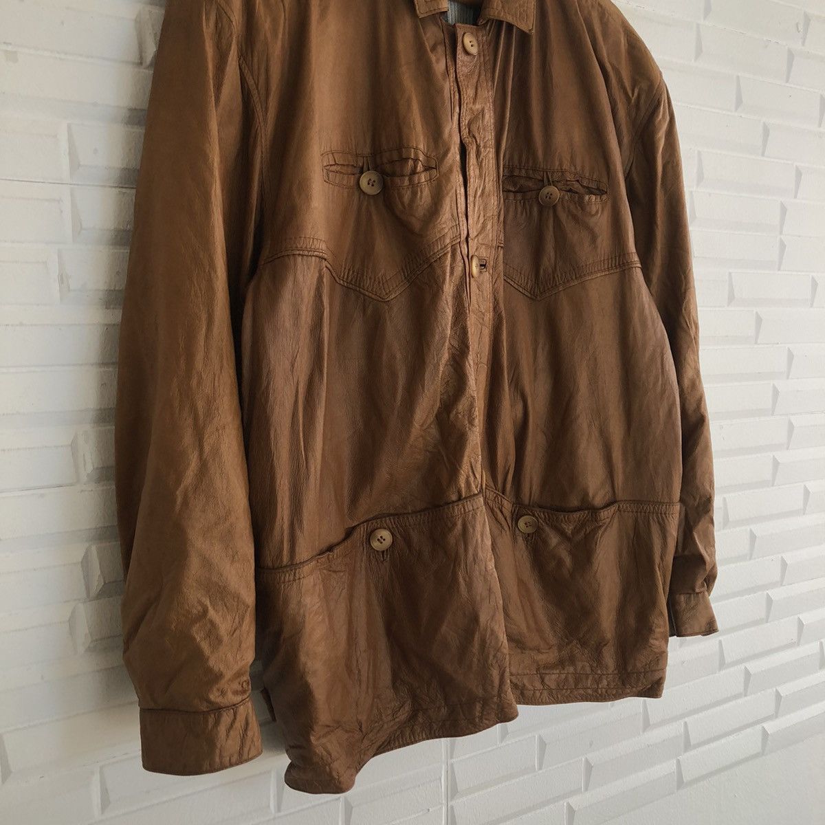 Japanese Brand VINTAGE SOFT LEATHER CARGO JACKET RARE STRIPE LINING DESIGN Size US M / EU 48-50 / 2 - 4 Thumbnail