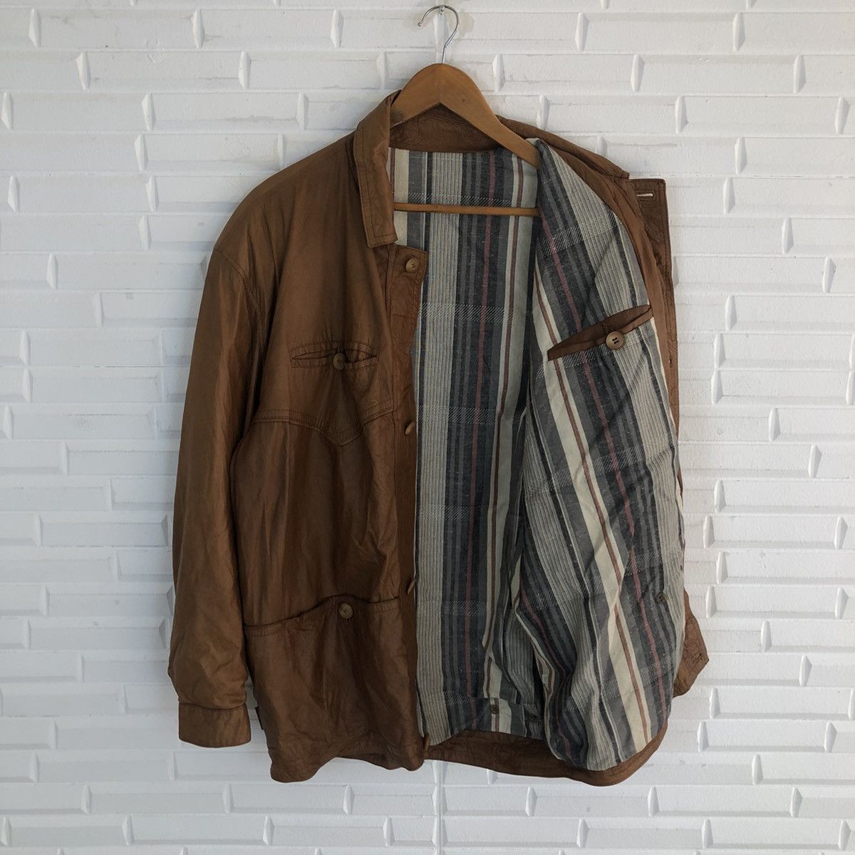 Japanese Brand VINTAGE SOFT LEATHER CARGO JACKET RARE STRIPE LINING DESIGN Size US M / EU 48-50 / 2 - 11 Thumbnail