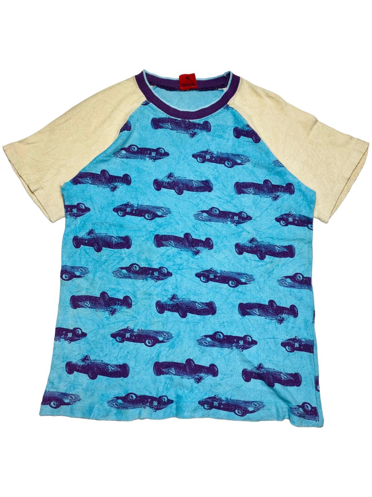image of Hysteric Glamour 1990S Algonquins - Printed Vintage Car Baby Tee in Blue, Men's (Size Medium)