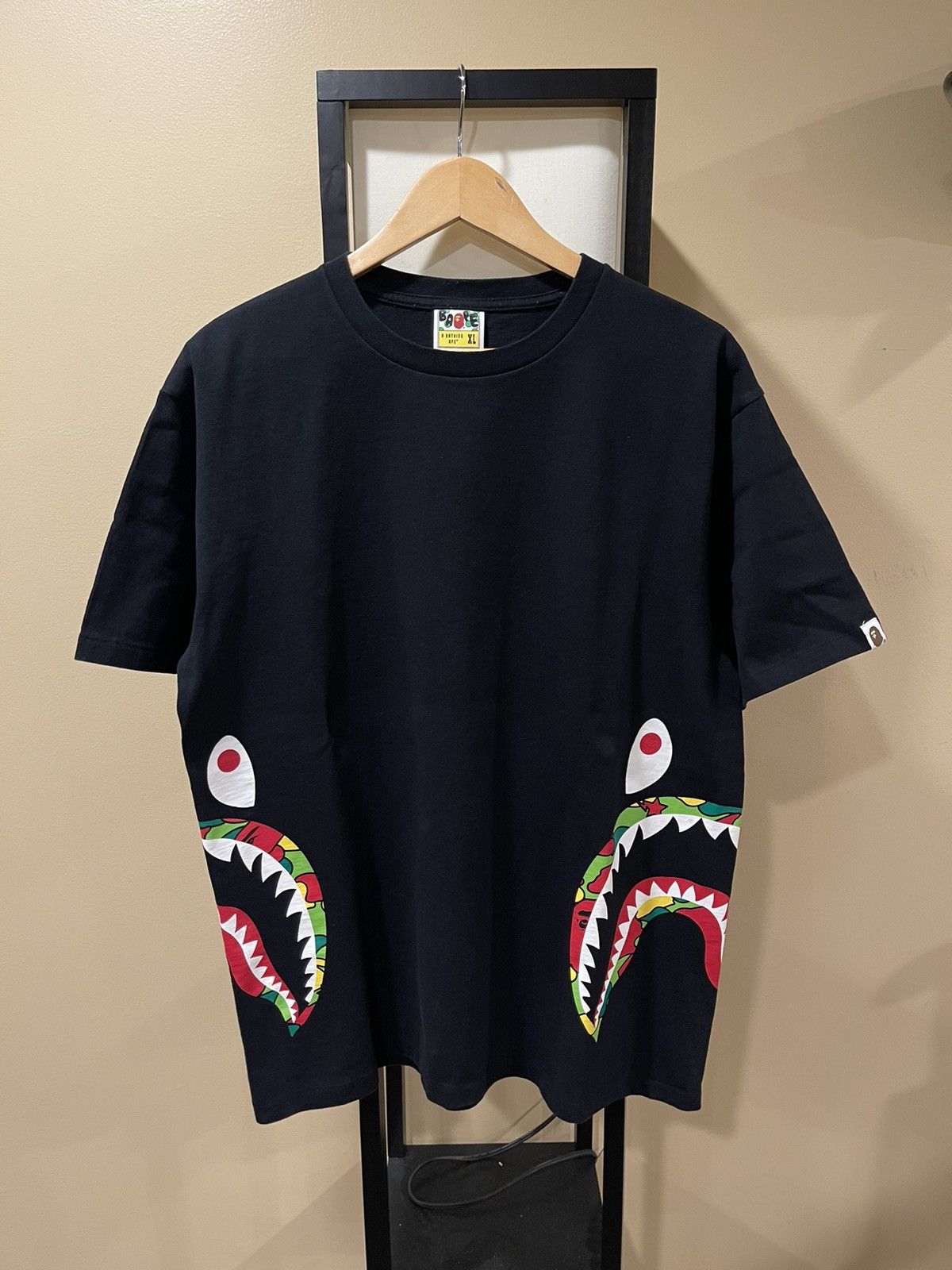 image of Bape Psyche Sta Camo Double Sided Shark Face Black Tee, Men's (Size XL)