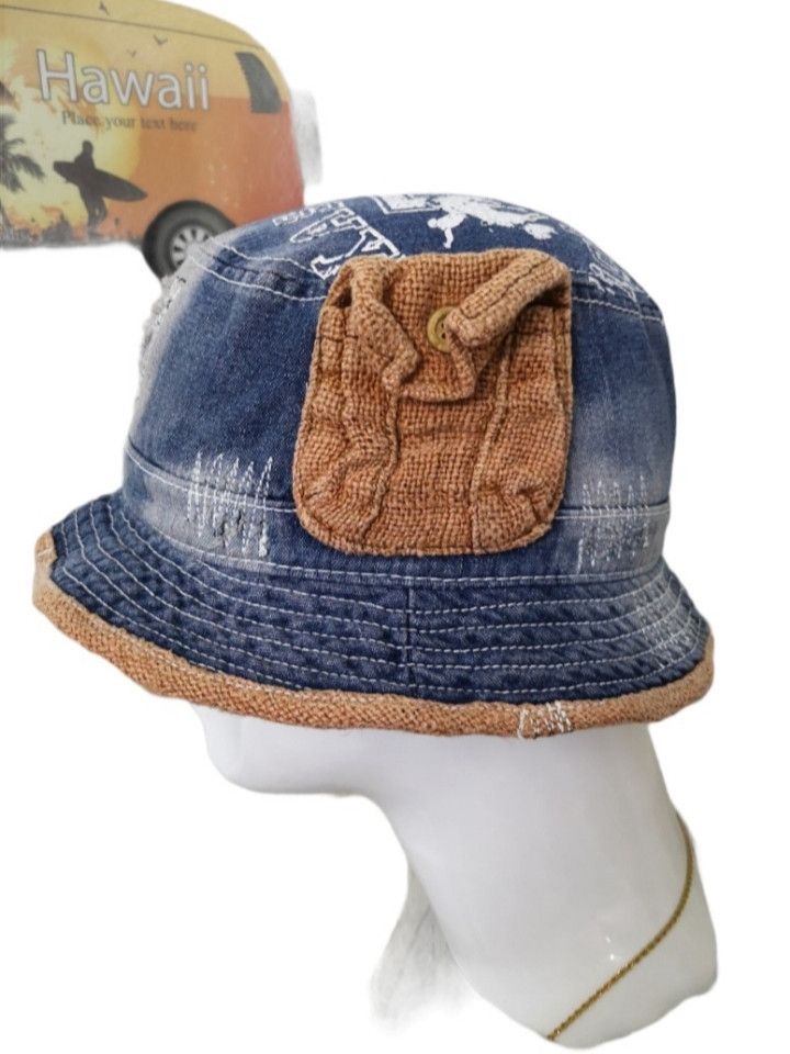 image of American College x Distressed Denim Bucket Hat in Denim Blue, Men's