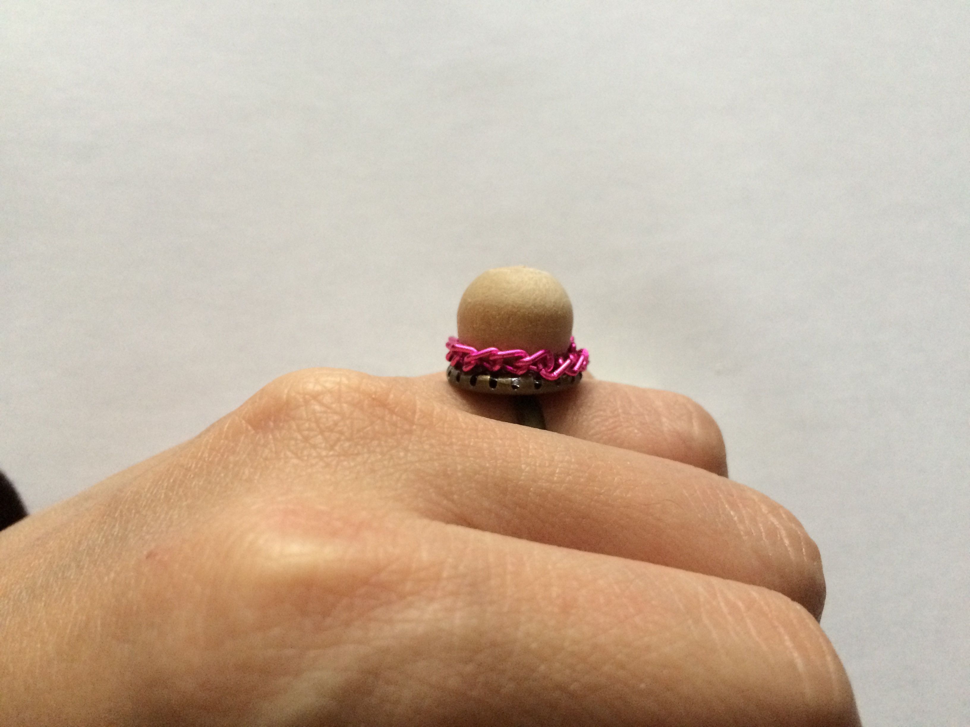 Handmade Wood Bead Bronze Ring with Pink Chain Size ONE SIZE - 4 Thumbnail