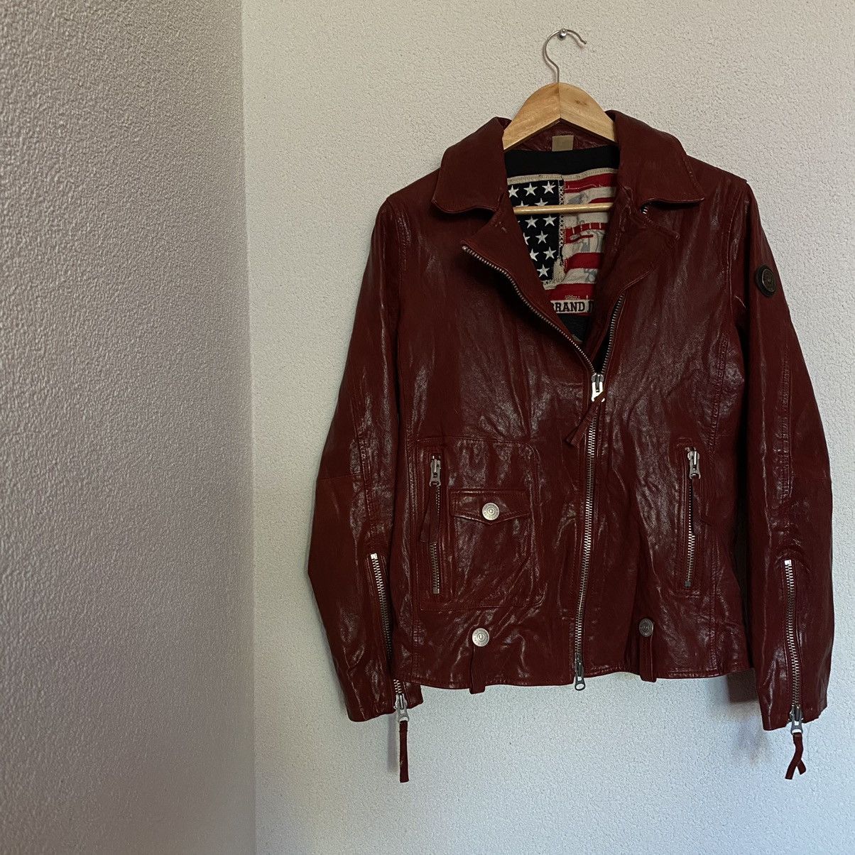 image of True Religion Biker Leather Jacket in Burgundy, Men's (Size Small)