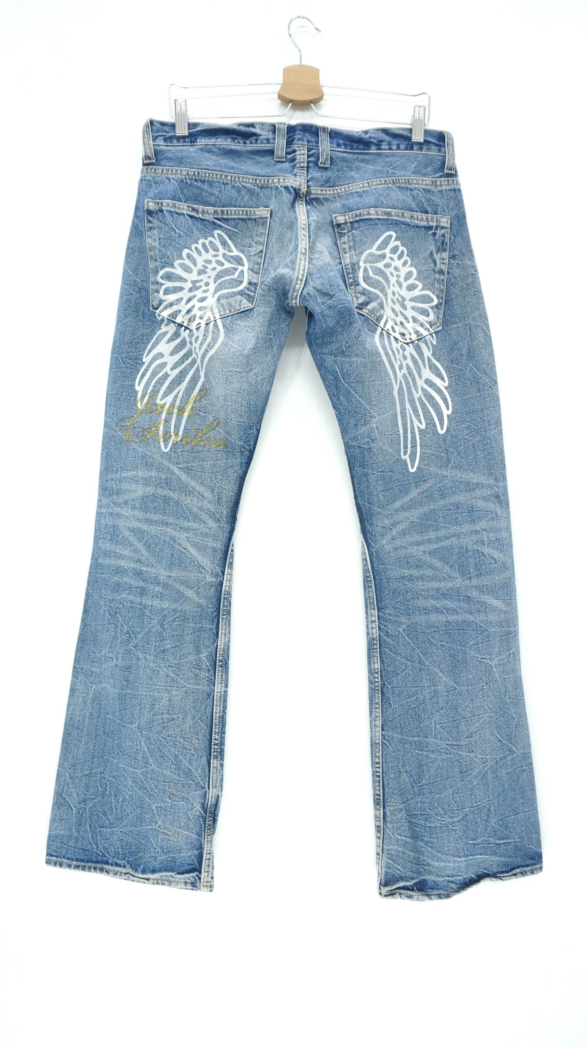 Japanese Brand VTG FLARE 🔥 JACK SERIKA Wings Printed Blue Jeans Size US 33 - 3 Thumbnail